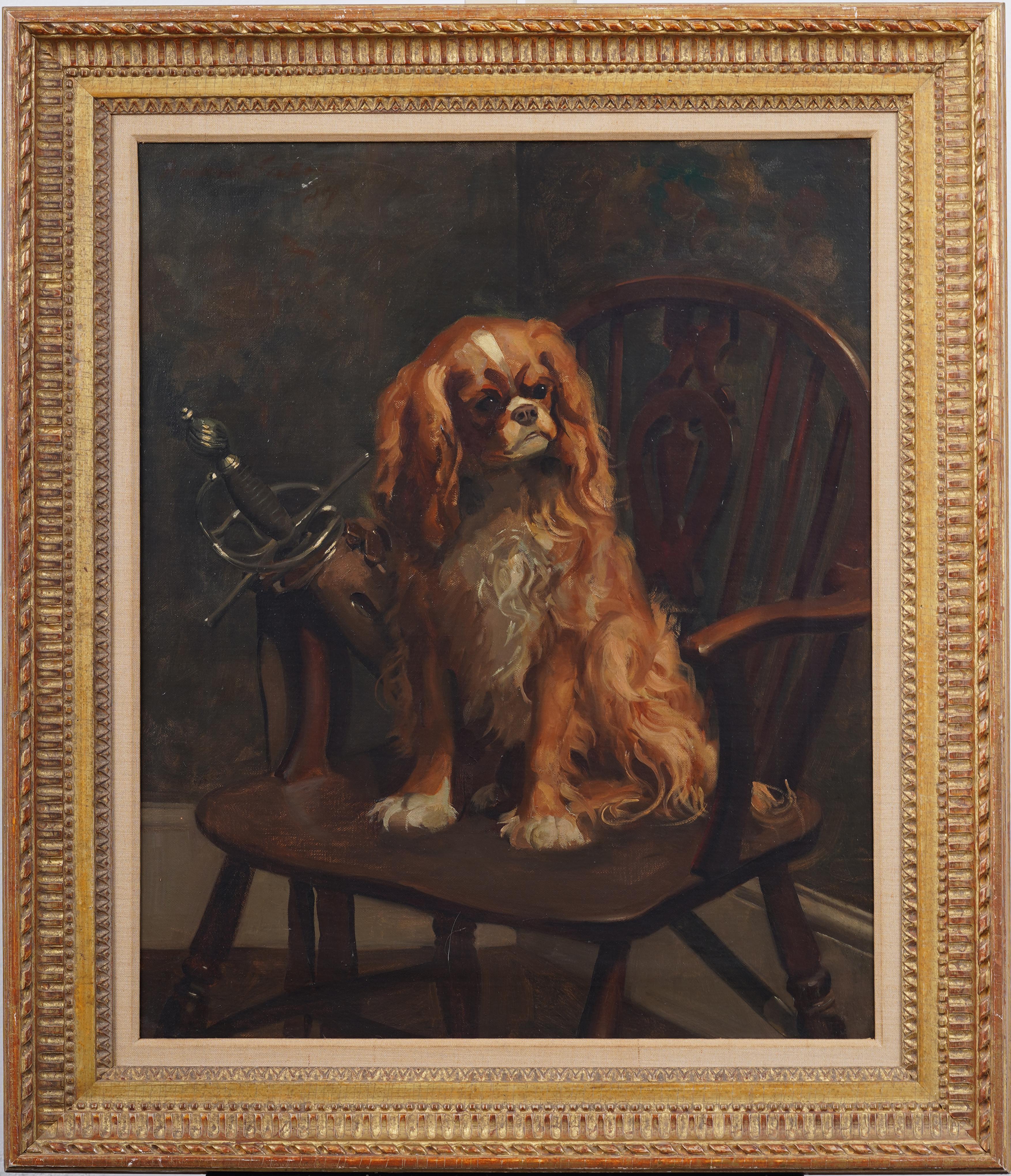 Unknown Interior Painting - Antique English Exhibited King Charles Cavalier Dog Portrait Framed Oil Painting