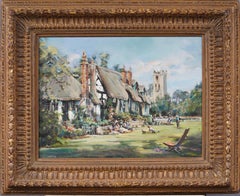 Antique English Impressionist Framed Landscape Cottage House Signed Oil Painting