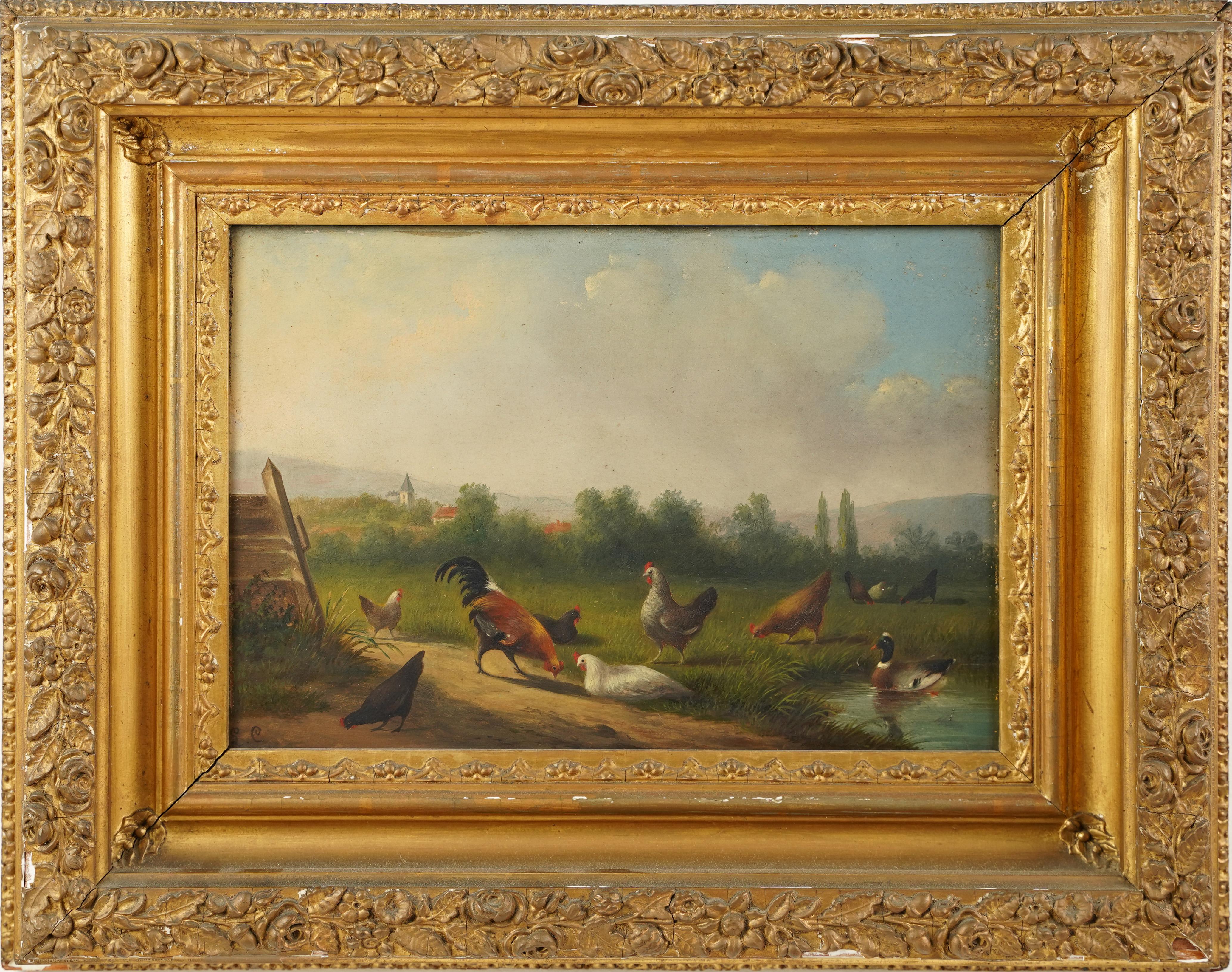 Antique English Monogrammed Bucolic Chicken Landscape Framed Oil Painting - Brown Animal Painting by Unknown