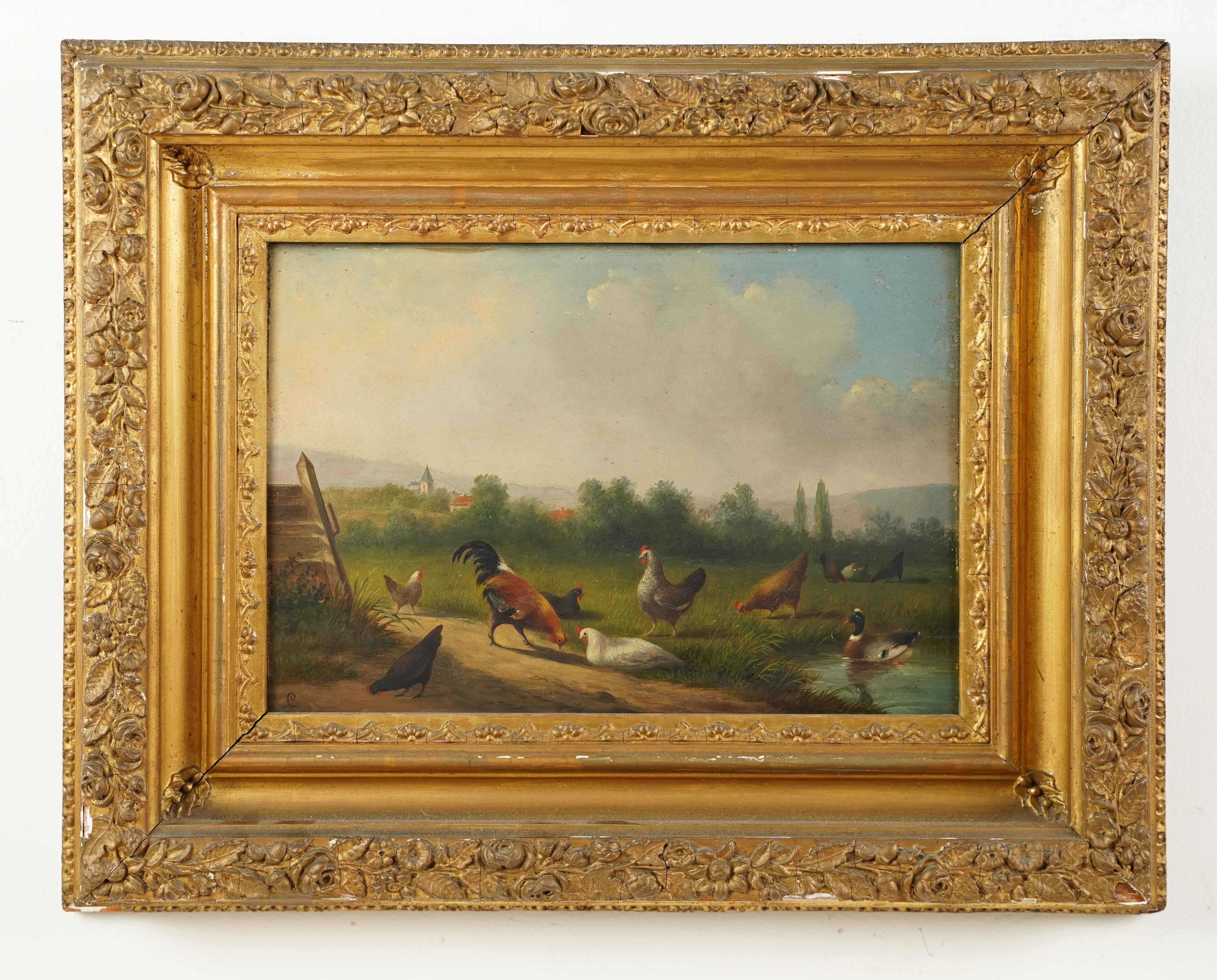 Antique English landscape oil painting.  Oil on board.  Signed.  Framed. 
