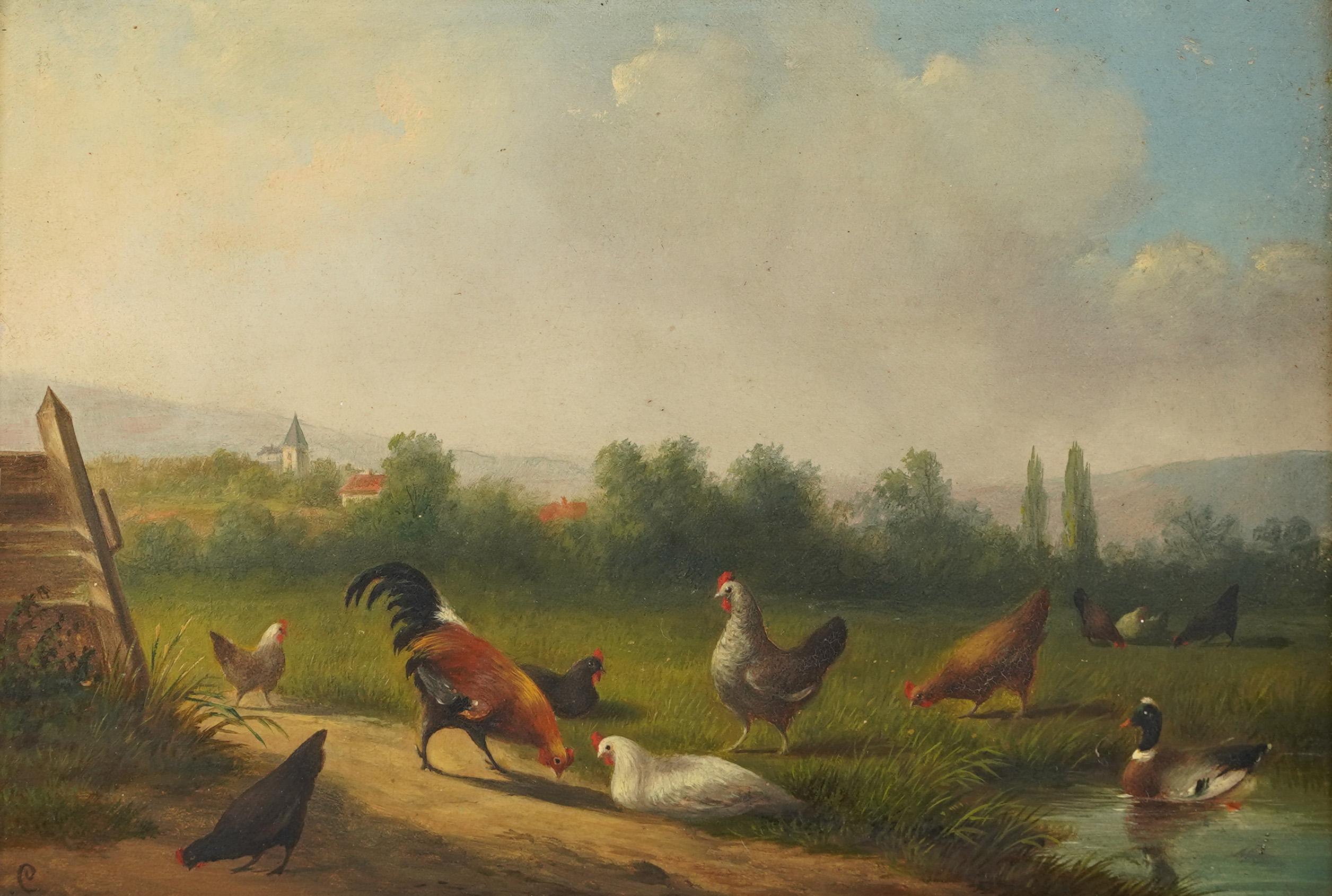 Antique English Monogrammed Bucolic Chicken Landscape Framed Oil Painting For Sale 1