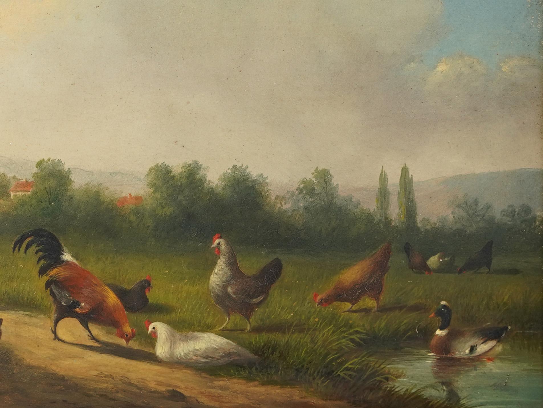 Antique English Monogrammed Bucolic Chicken Landscape Framed Oil Painting For Sale 2