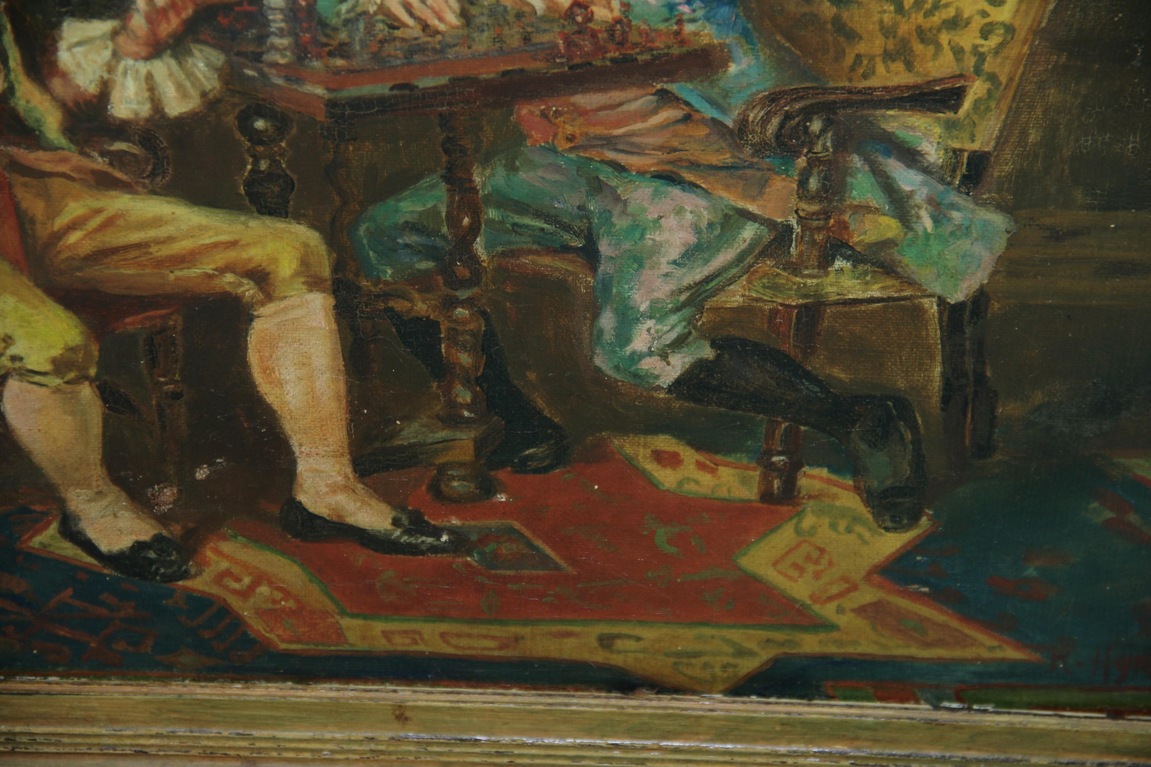 Peinture à l'huile anglaise ancienne d'une scène d'intérieur « The Chess Match », années 1890 en vente 6