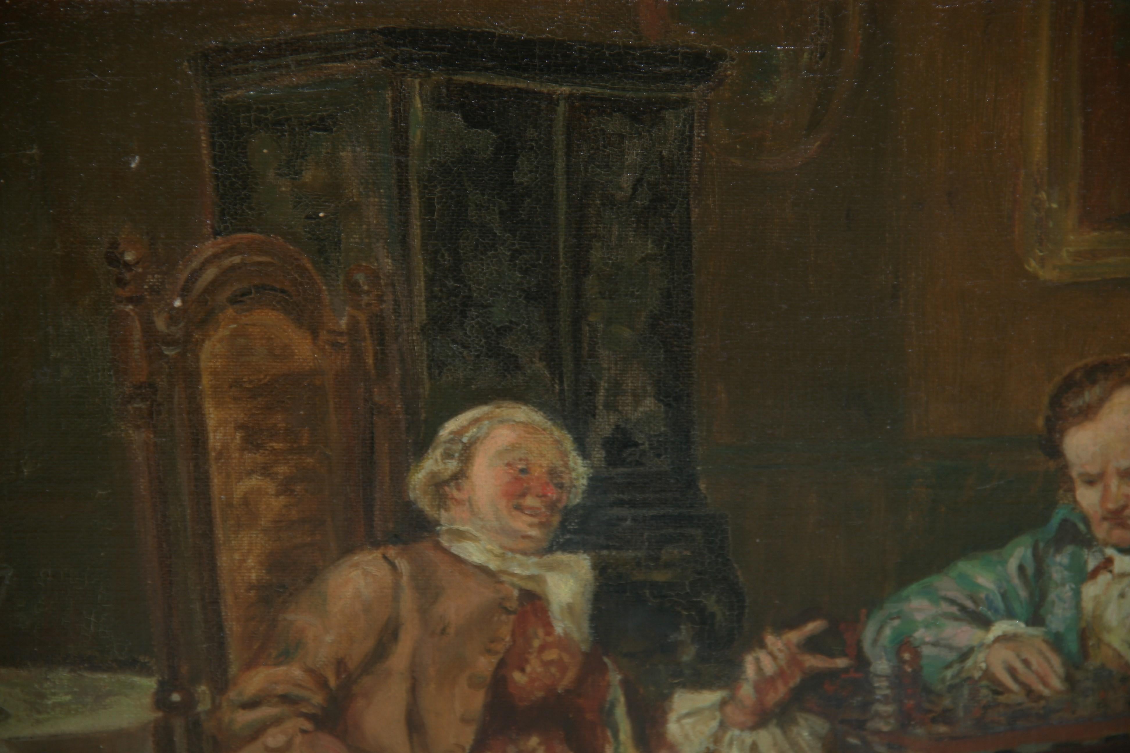 Antique English Oil Painting Interior Scene 