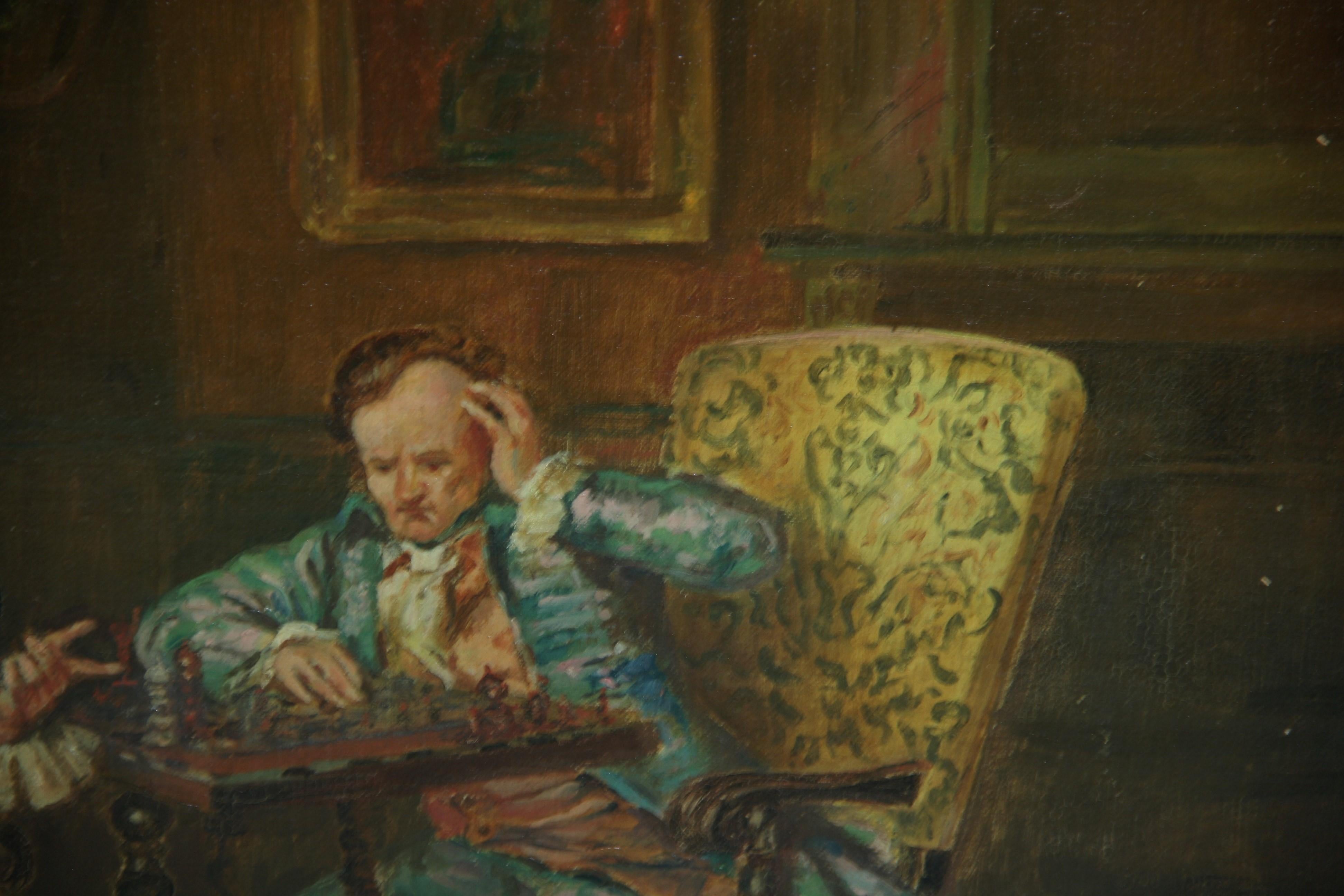 Peinture à l'huile anglaise ancienne d'une scène d'intérieur « The Chess Match », années 1890 en vente 9