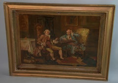 Antique English Oil Painting Interior Scene "The Chess Match" 1890's