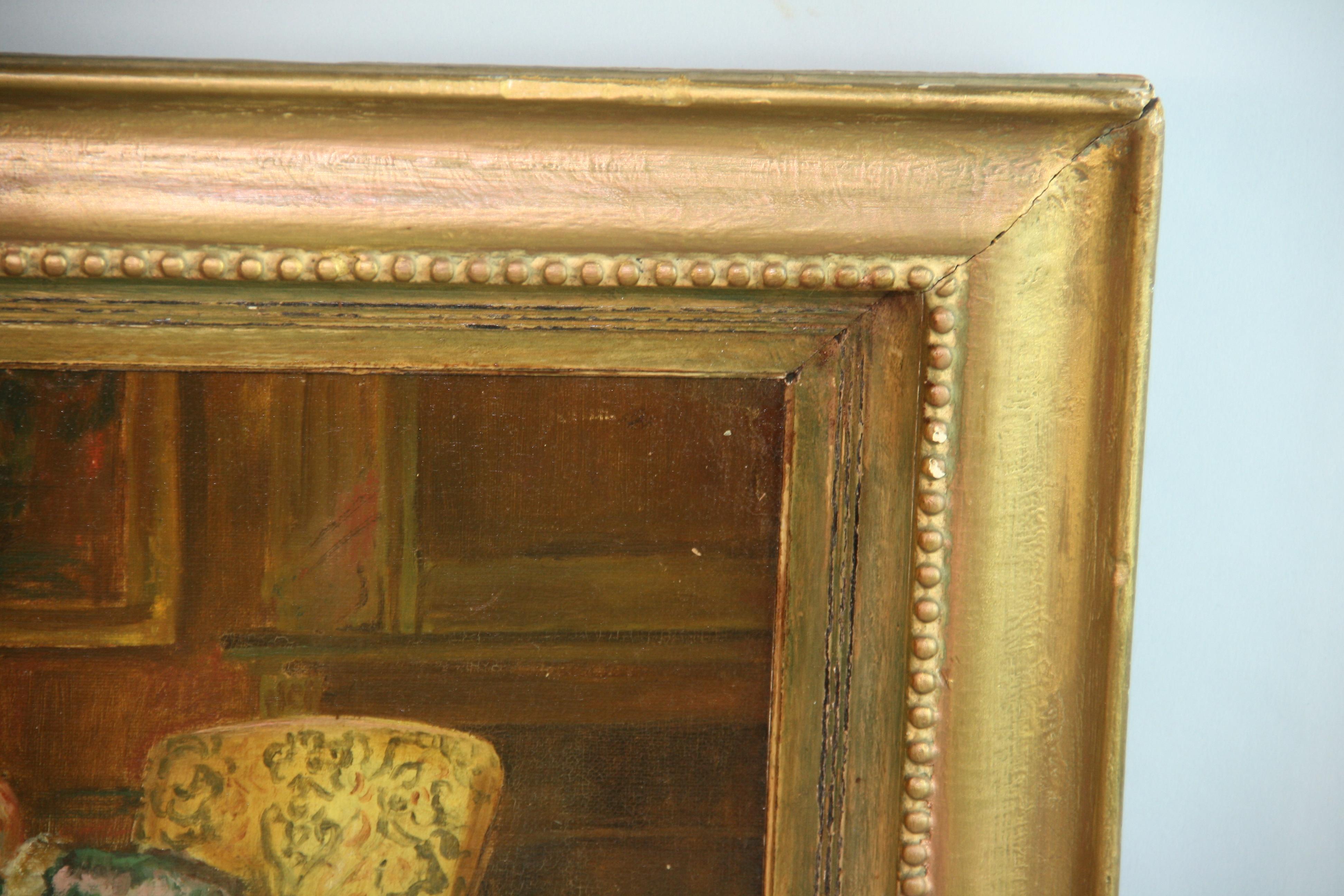 Antique English Oil Painting Interior Scene 