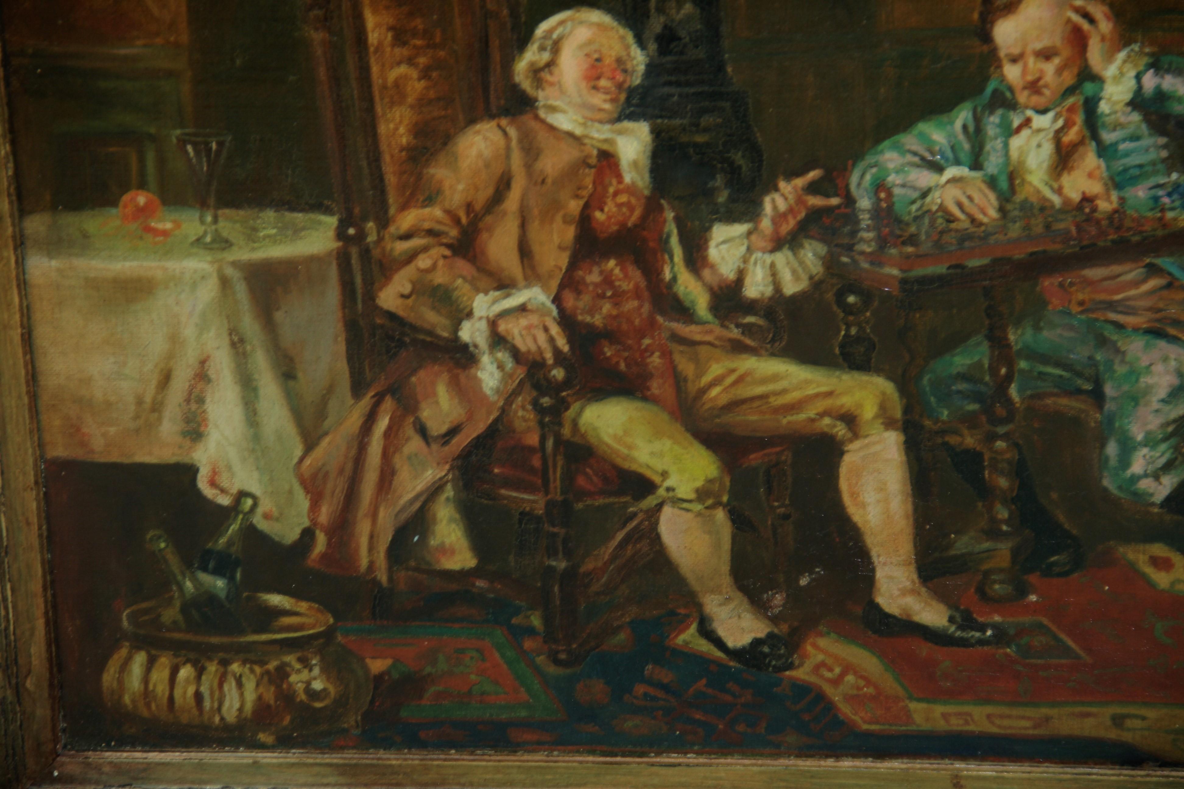 Antique English Oil Painting Interior Scene 