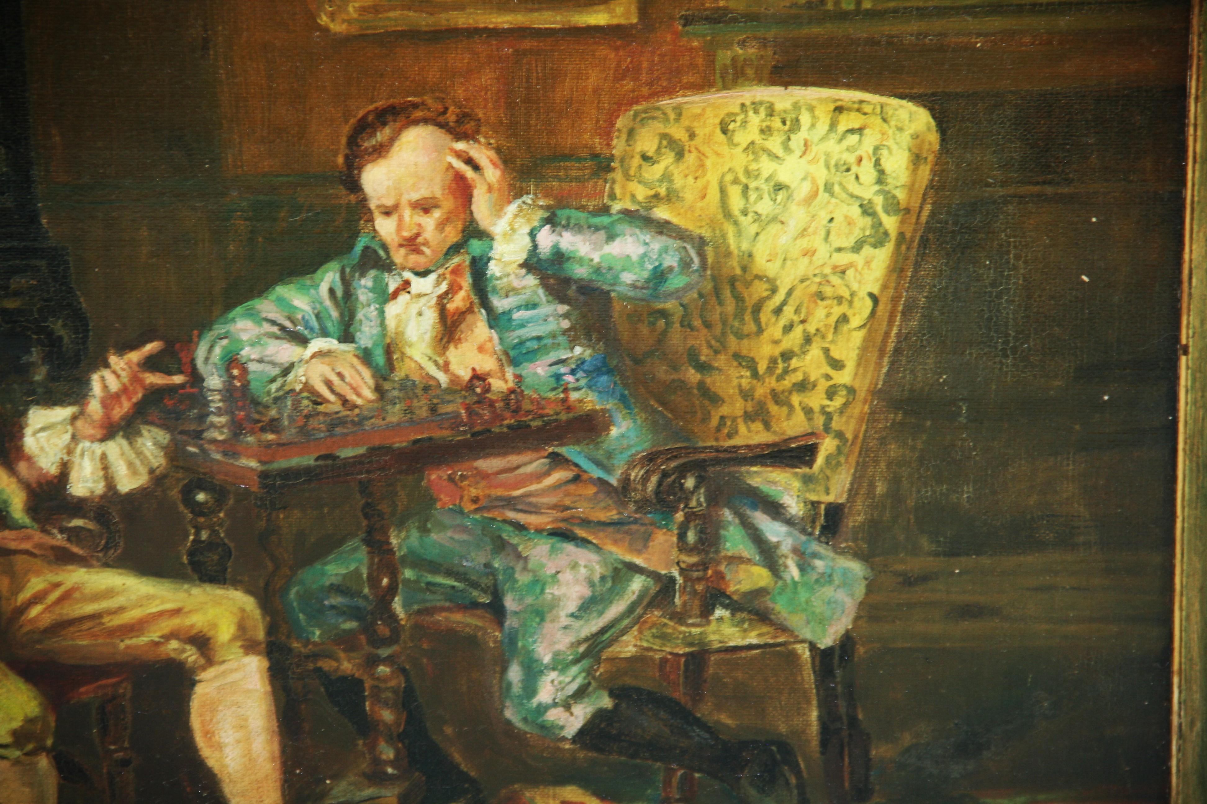 Peinture à l'huile anglaise ancienne d'une scène d'intérieur « The Chess Match », années 1890 en vente 3
