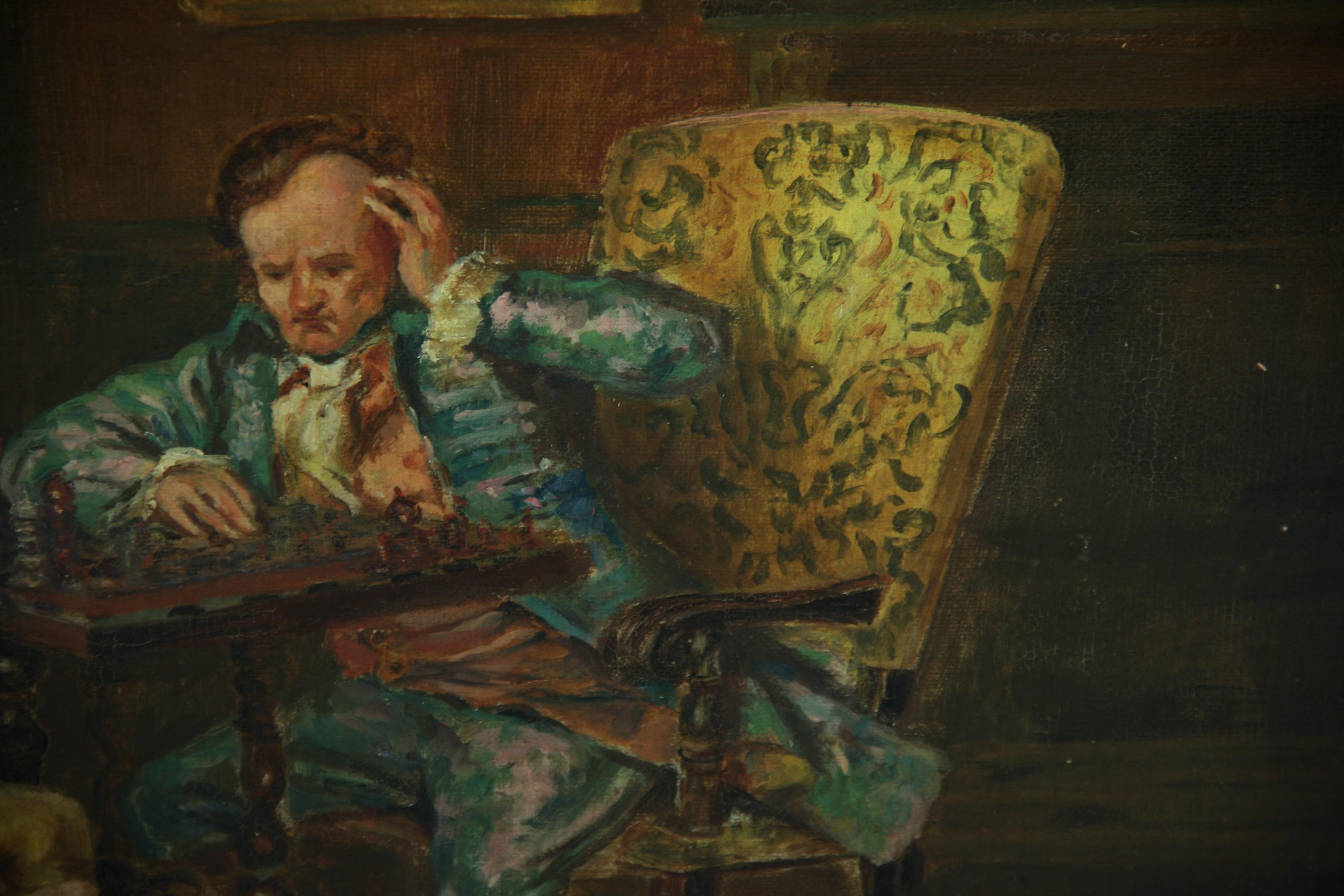 Peinture à l'huile anglaise ancienne d'une scène d'intérieur « The Chess Match », années 1890 en vente 4
