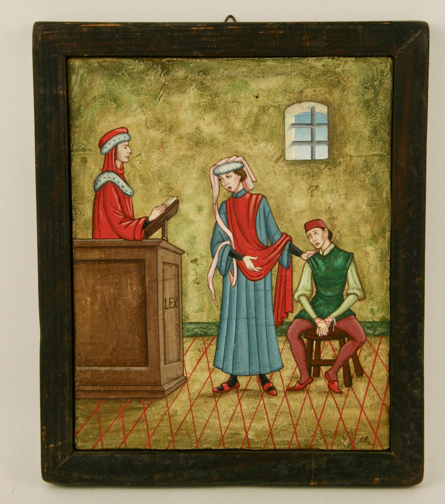 Unknown Figurative Painting -  Antique English Oil Painting on Wood Panel "The Middle Age Trial" 