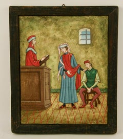  Antikes englisches Ölgemälde auf Holzplatte „Der Trial aus dem Mittelalter“ 