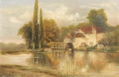 ANTIQUE ENGLISH OIL PAINTING - THE OLD MILL IN RIVER LANDSCAPE - SIGNED INITIALS