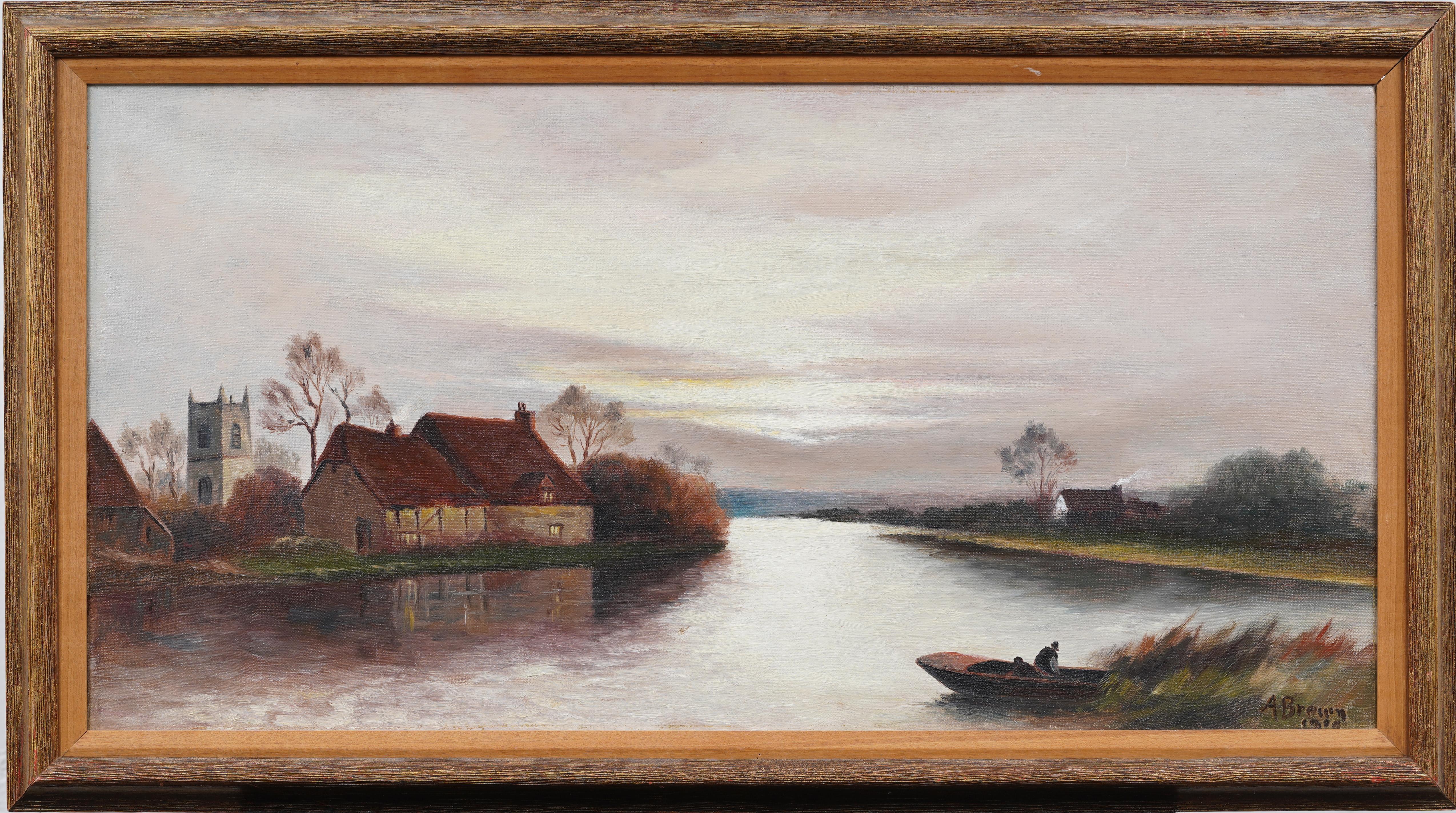 Antico quadro inglese panoramico al tramonto Fall River, paesaggio classico con cornice - Painting di Unknown