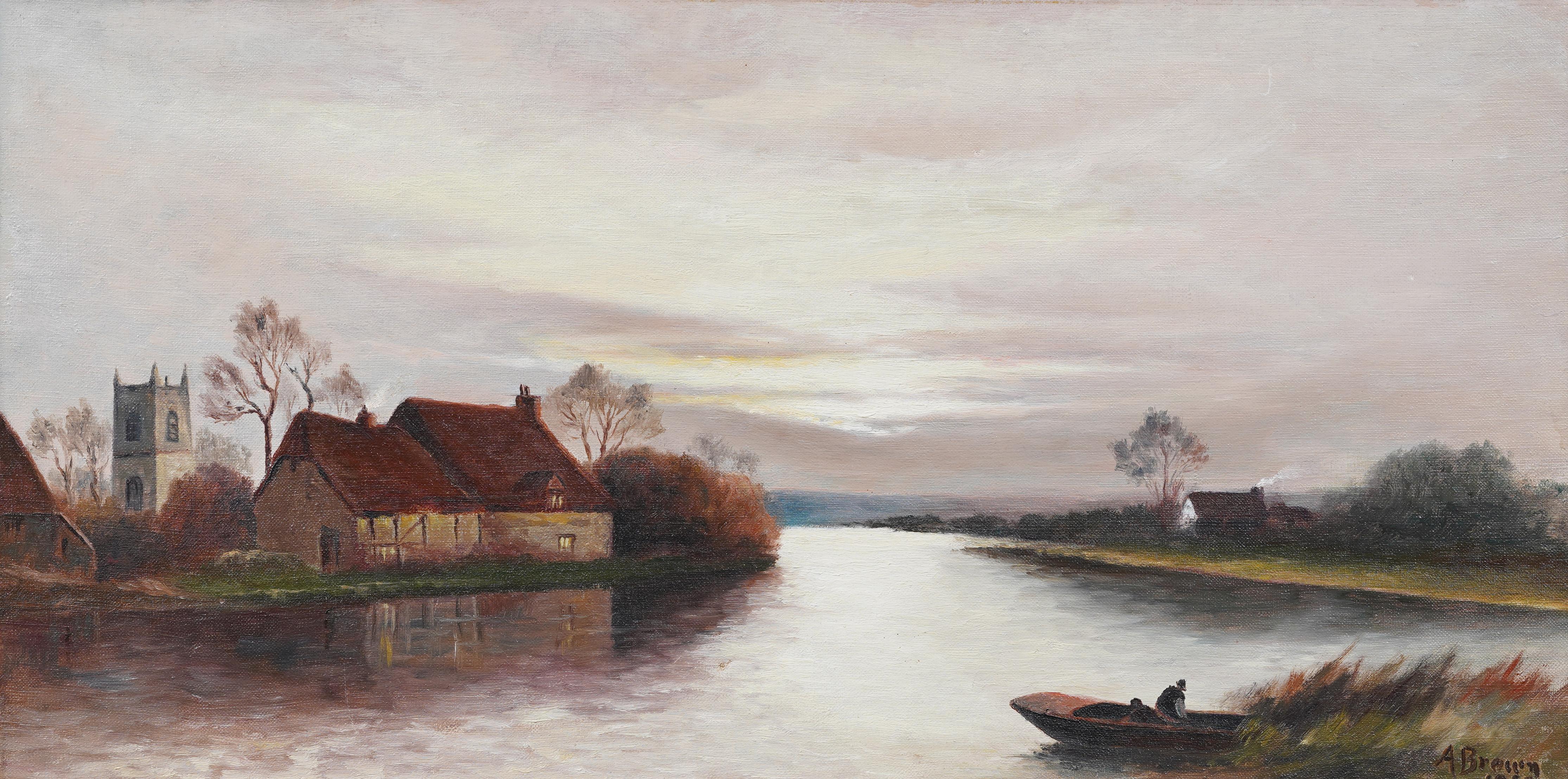 Antico quadro inglese panoramico al tramonto Fall River, paesaggio classico con cornice - Painting Impressionismo di Unknown