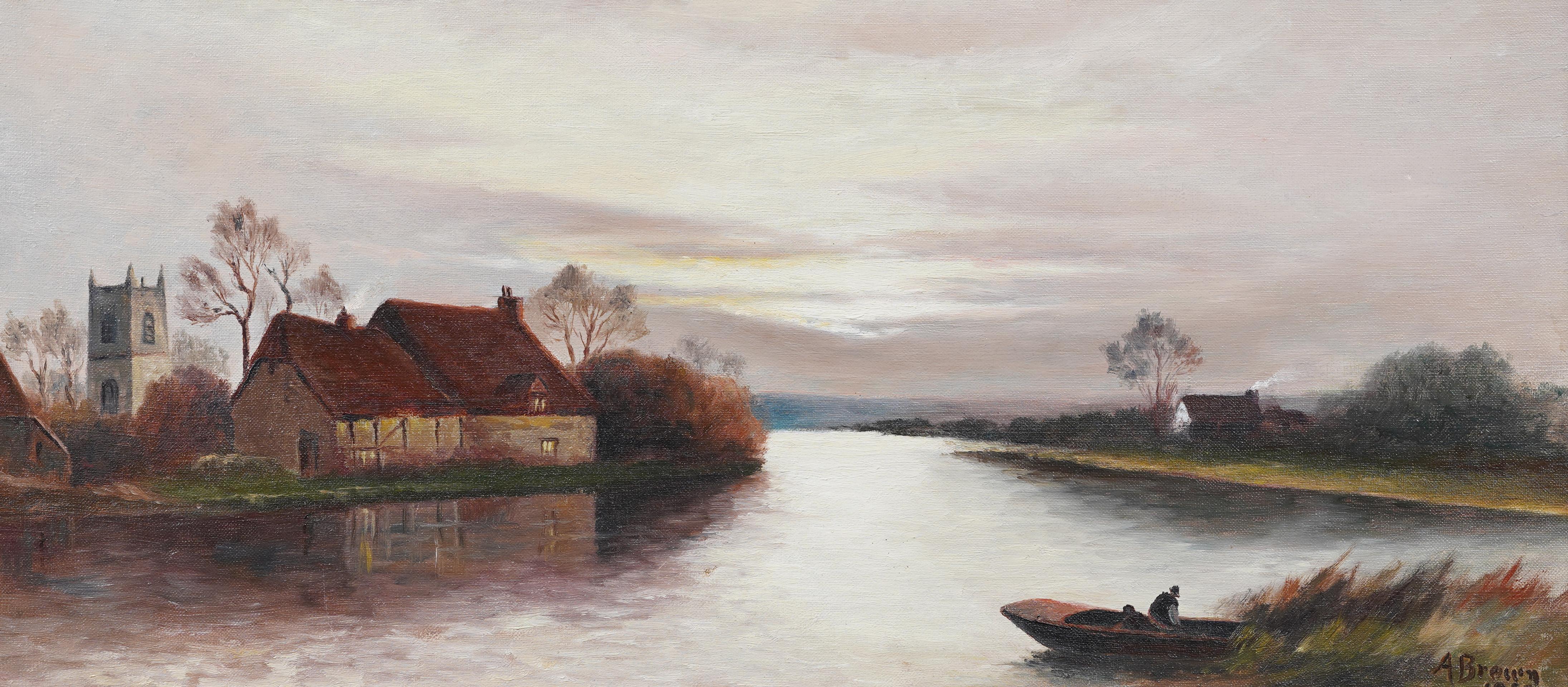 Antico quadro inglese panoramico al tramonto Fall River, paesaggio classico con cornice - Landscape Painting Marrone di Unknown