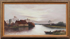 Antique English Panoramic Sunset Fall River Classical Landscape Framed Painting