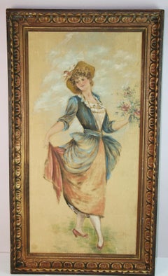 Pintura al óleo victoriana de una mujer con rosas, enmarcada, de finales del siglo XIX
