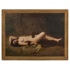 Antique erotic oil painting of a reclining woman
