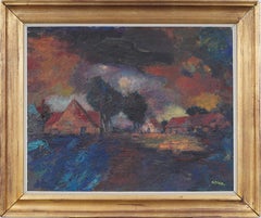 Antico quadro ad olio europeo fauvista con cornice firmata