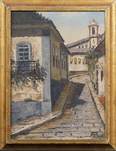 Antike europäische gerahmte Straßenszene signiert Landschaft Ölgemälde