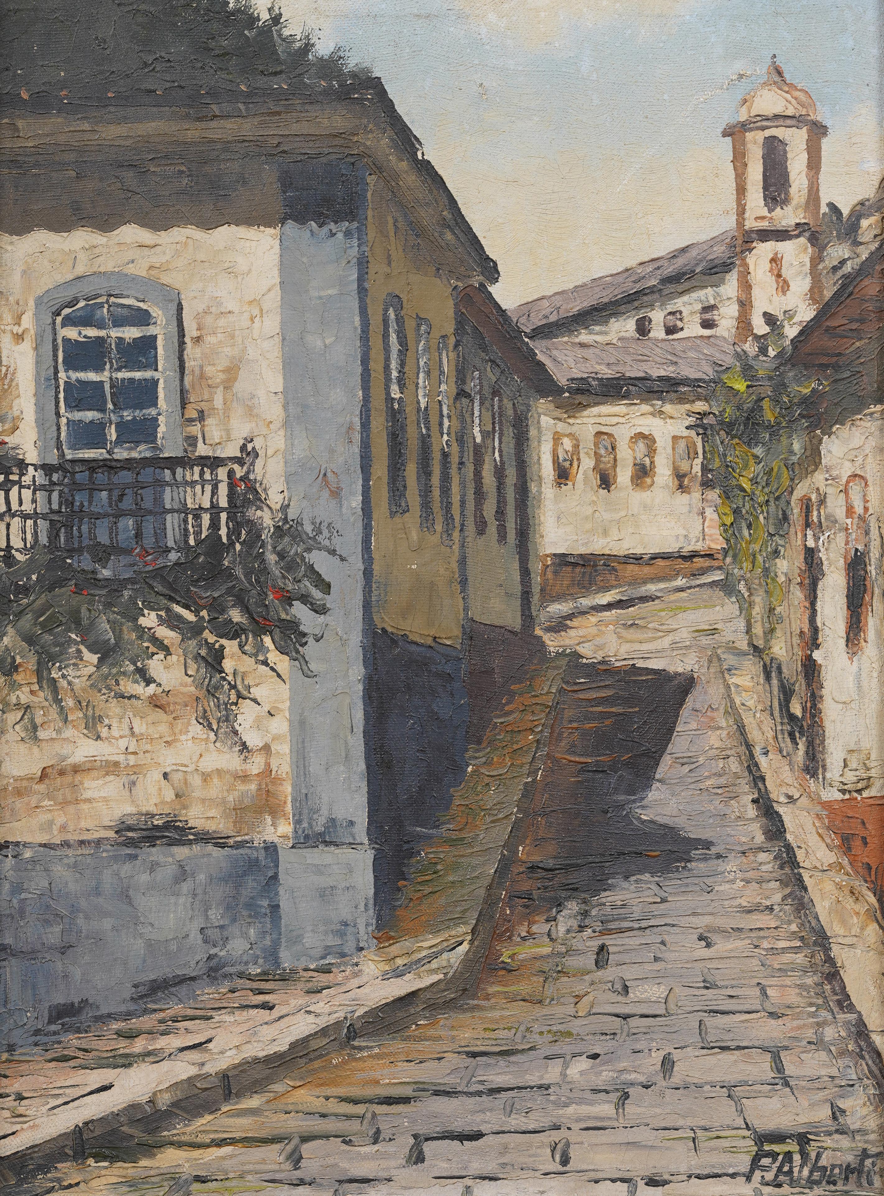 Antiguo cuadro al óleo europeo enmarcado con una escena callejera firmada como paisaje - Painting Impresionista de Unknown