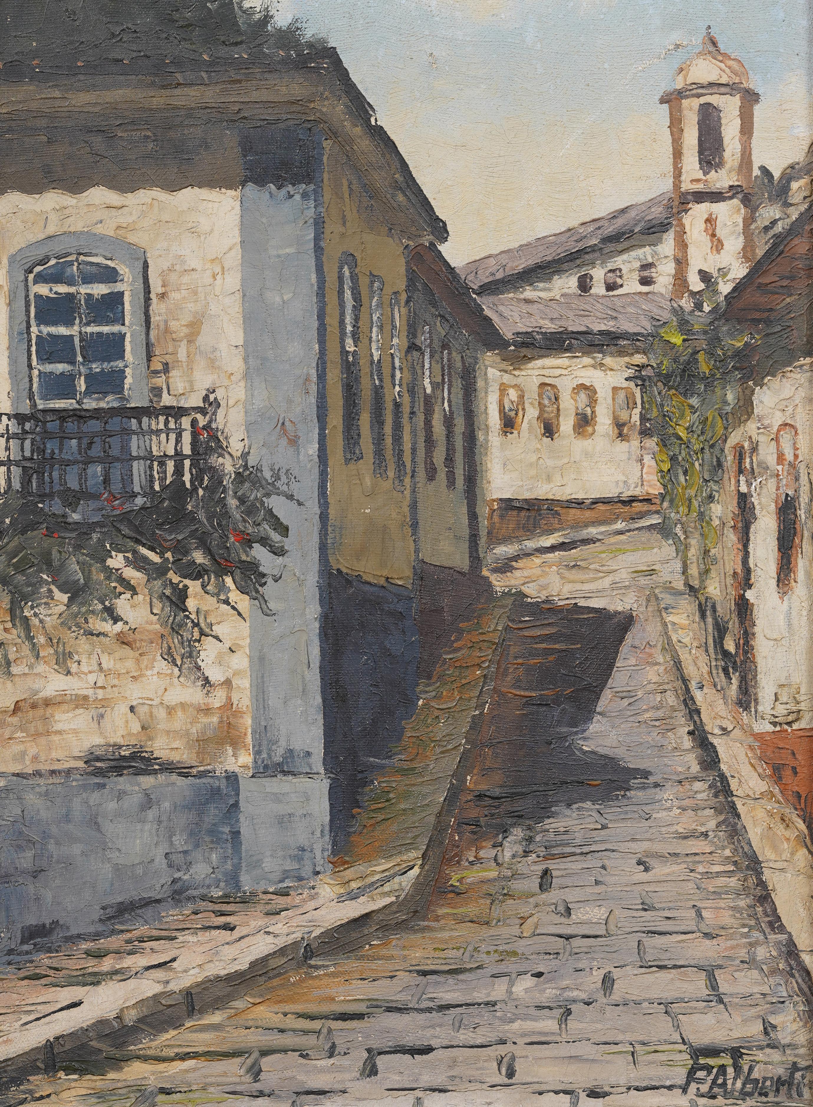 Antiguo cuadro al óleo europeo enmarcado con una escena callejera firmada como paisaje - Landscape Painting Marrón de Unknown