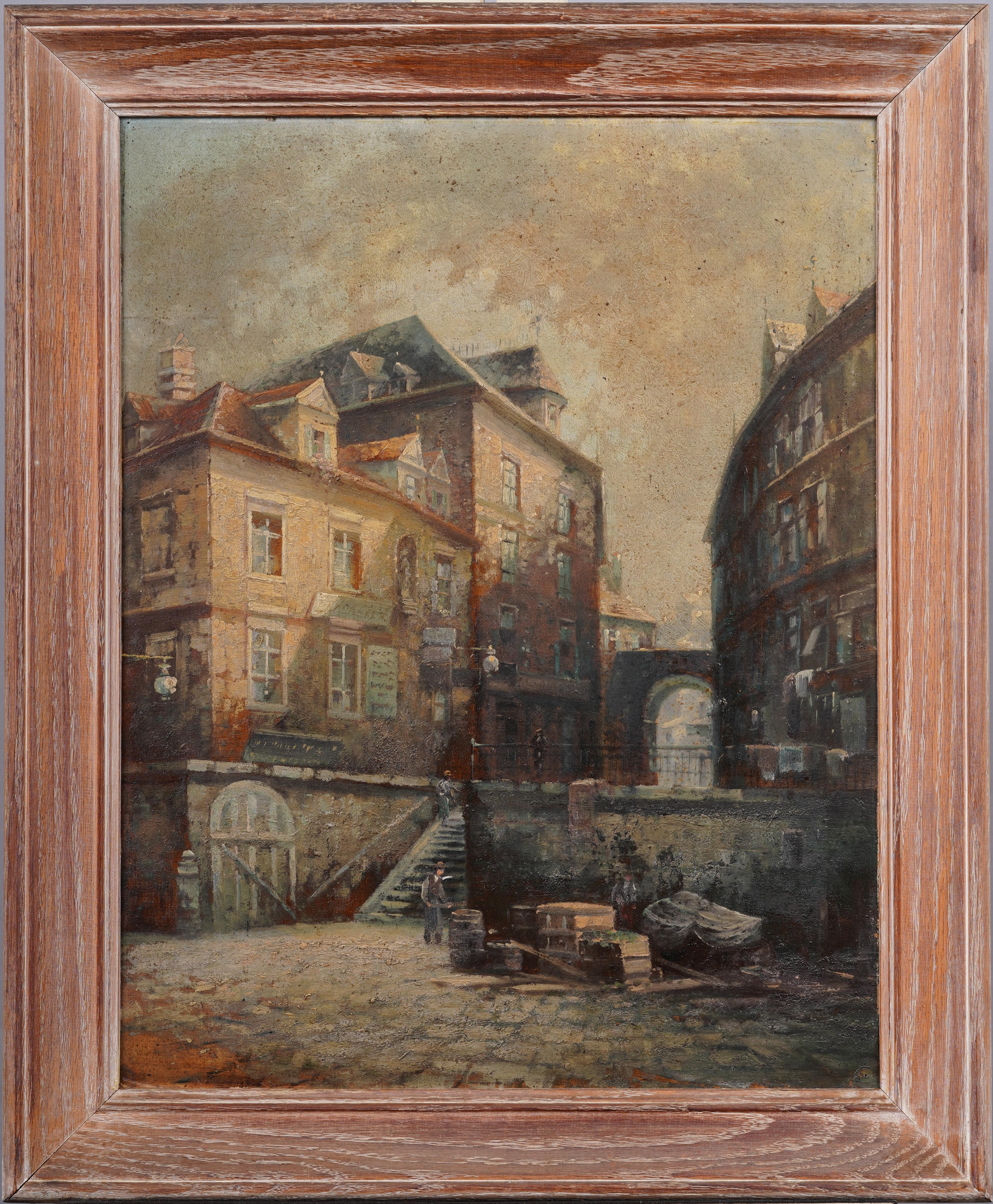 Antique European Impressionist Architectural Town Landscape Framed Oil Painting - Brown Landscape Painting by Unknown