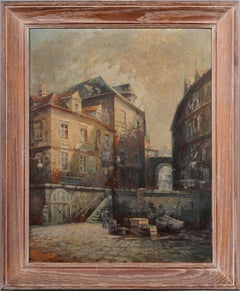 Antique European Impressionist Architectural Town Landscape Framed Oil Painting
