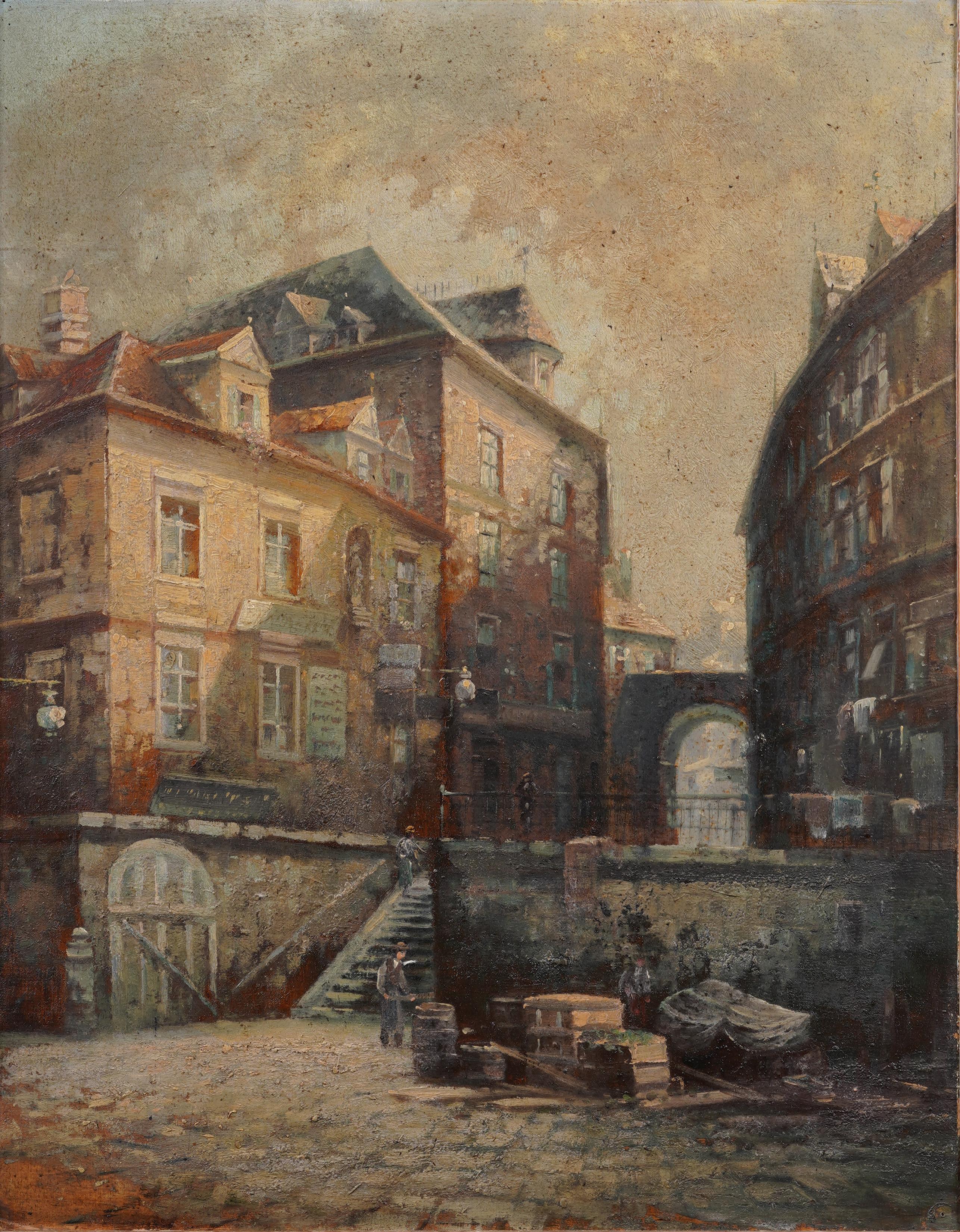 Nicely painted European cityscape painting.  Framed.  Oil on board.  Image size, 20H by 16L.