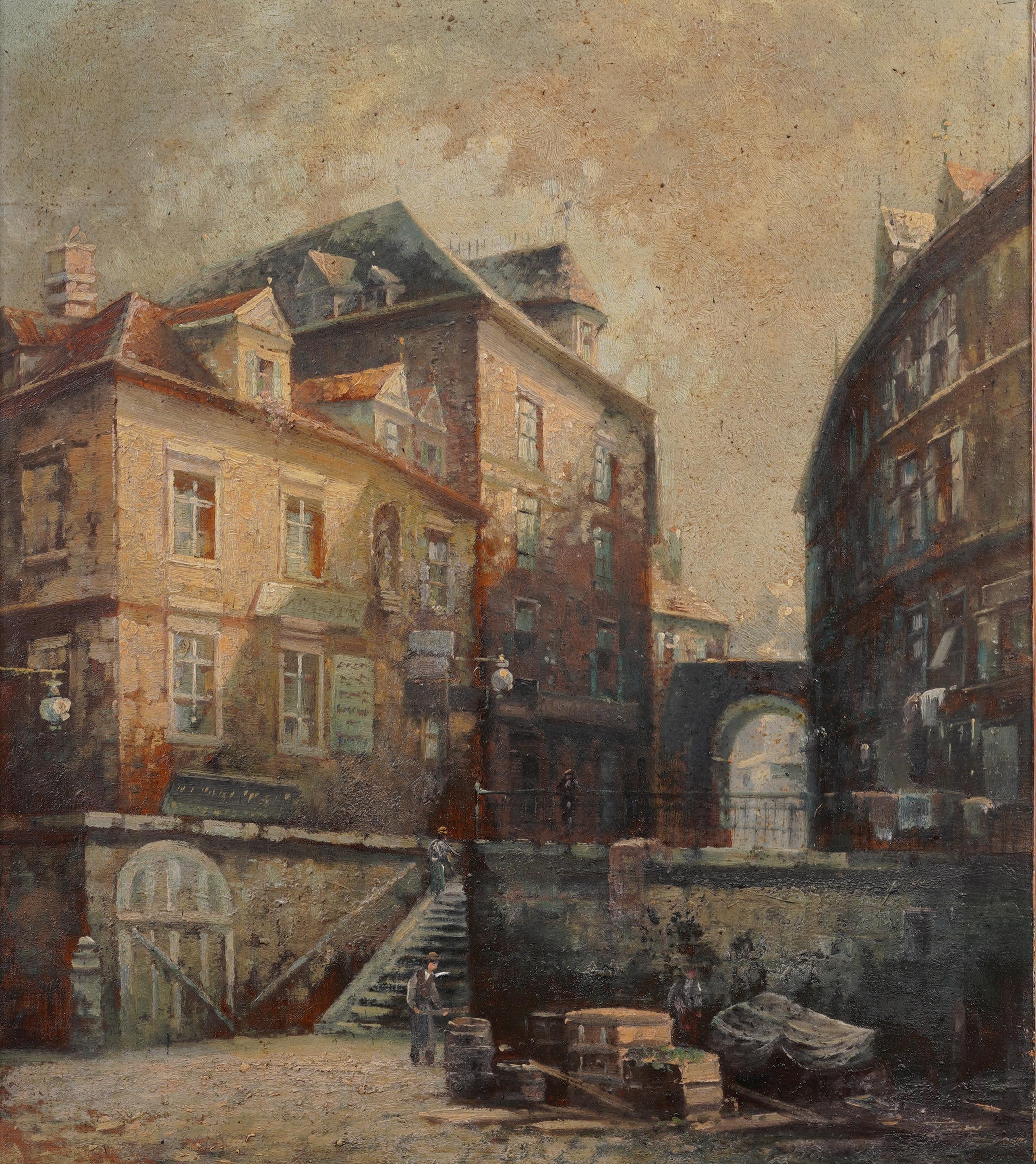 Antique European Impressionist Architectural Town Landscape Framed Oil Painting For Sale 1