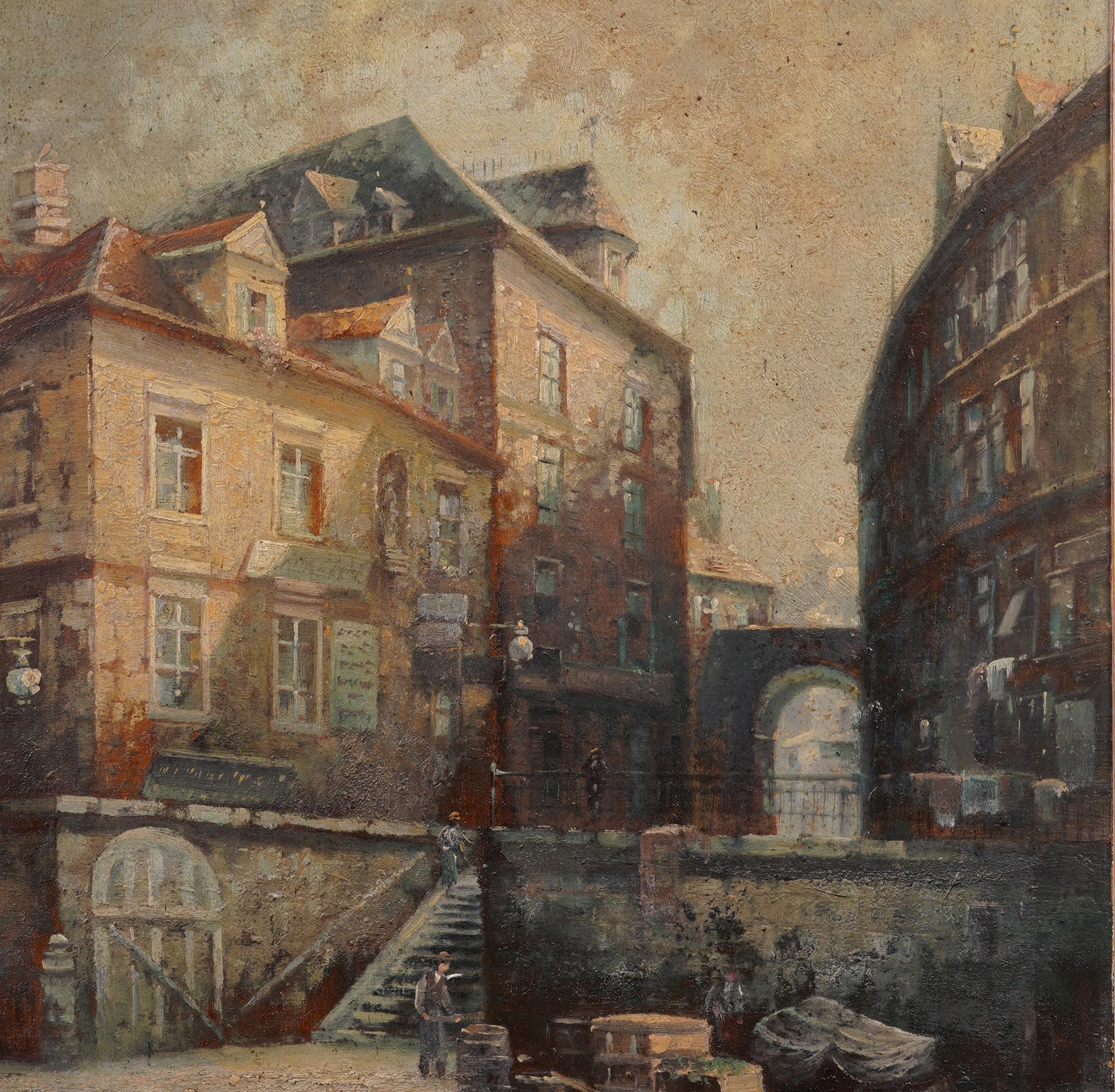 Antique European Impressionist Architectural Town Landscape Framed Oil Painting For Sale 2