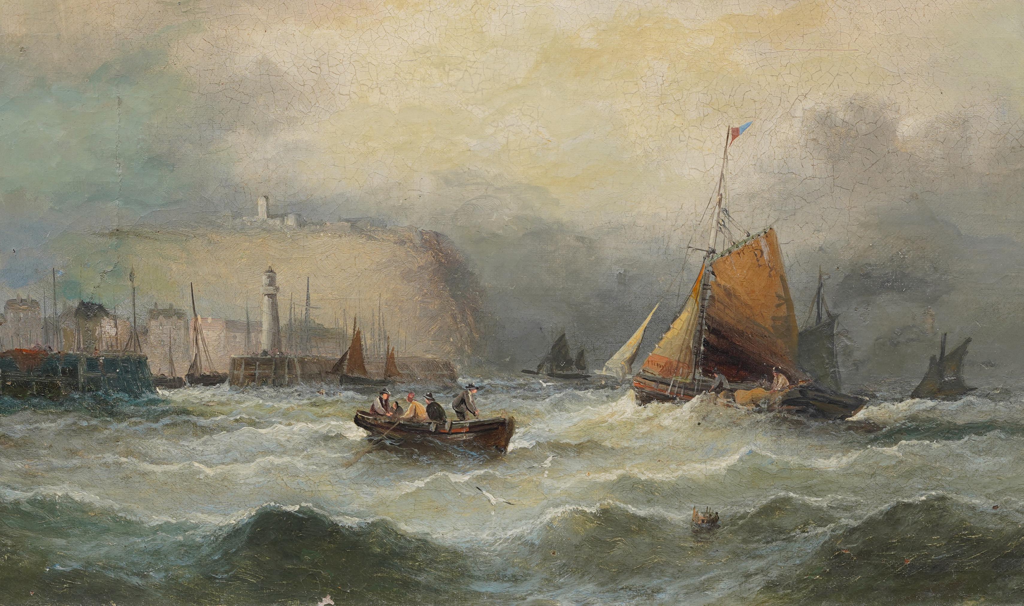 Pintura marina europea del siglo XIX llena de acción.  Con un puerto bullicioso y un faro.  Magníficamente enmarcado en un marco dorado de época.  Óleo sobre lienzo.  