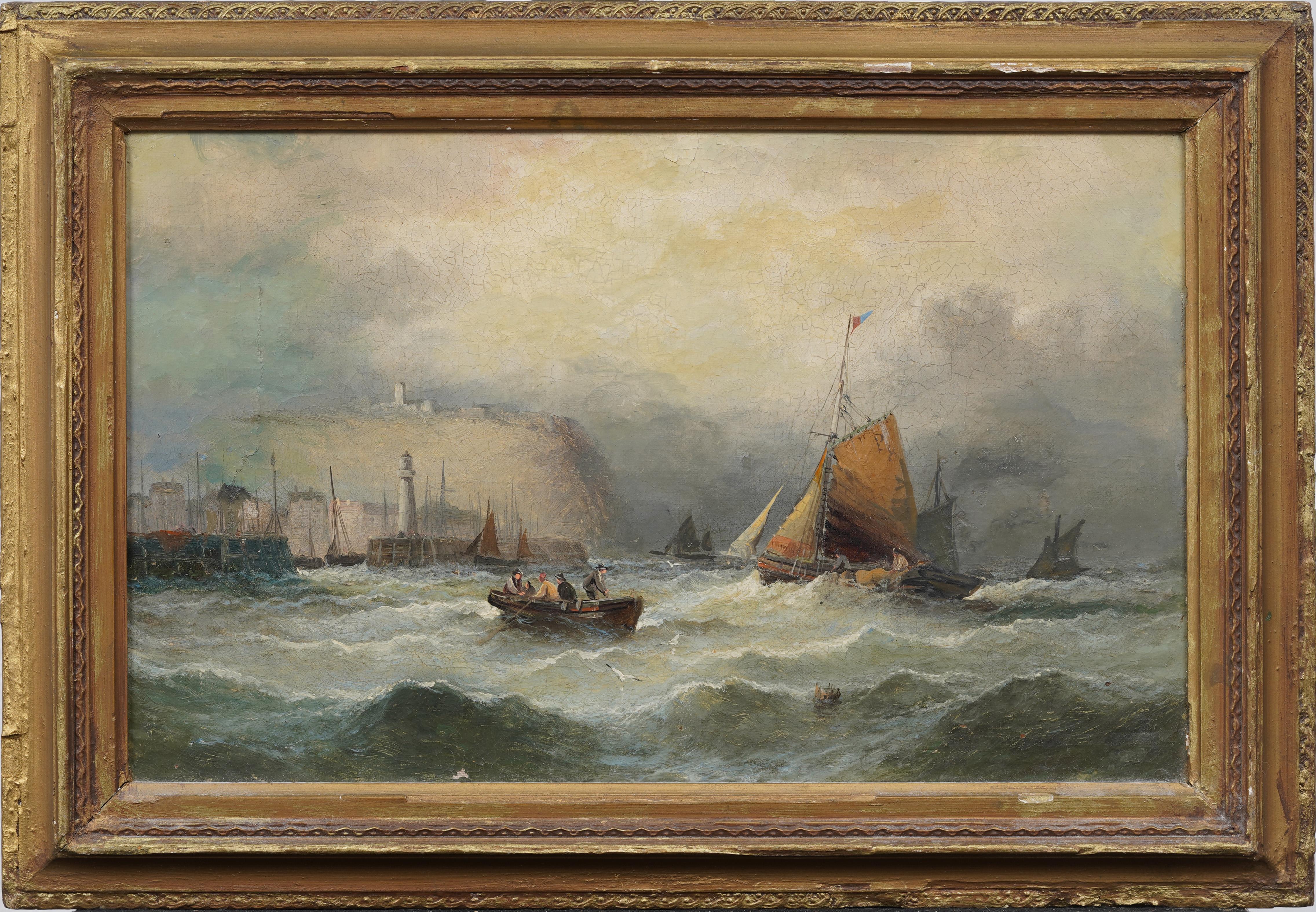 Landscape Painting de Unknown - Antigua Pintura Impresionista Europea Faro Costero Puerto Bullicioso Siglo XIX