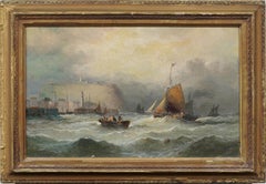 Antique European Impressionist Coastal Lighthouse Bustling Harbor 19thC Painting