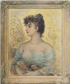 Antique European Impressionist Elegant Young Woman Portrait Framed Oil Painting