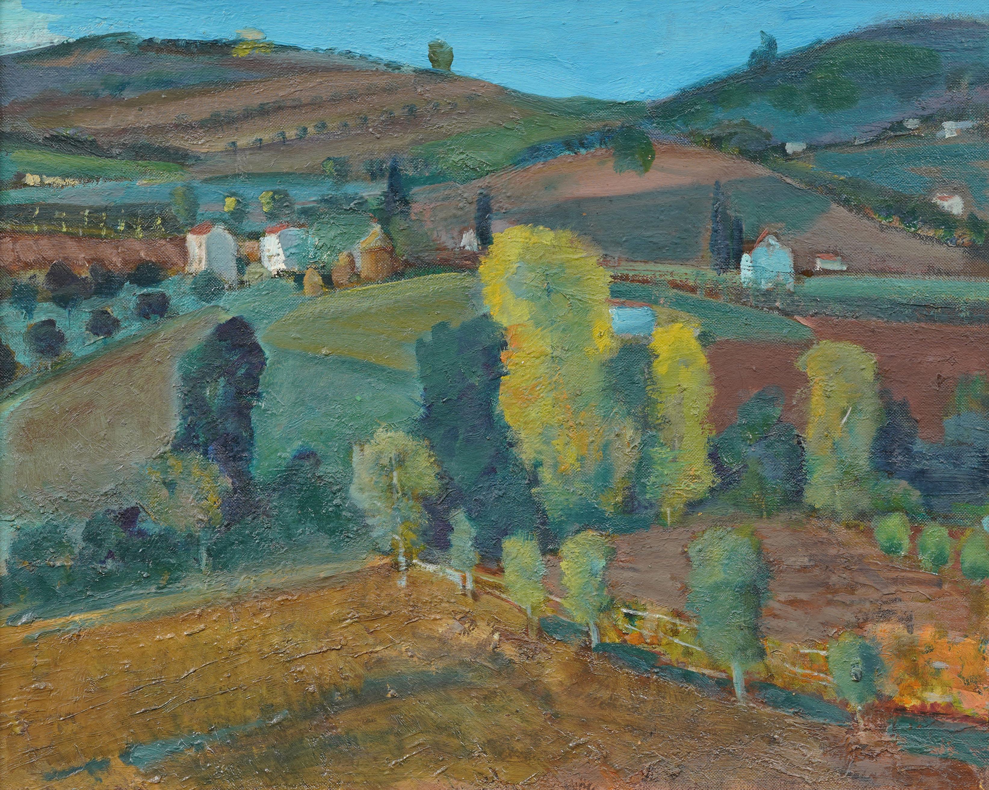Paysage impressionniste américain ou européen vintage  peinture à l'huile. Huile sur planche.   Encadré. En excellent état d'origine. Joliment encadrée dans un  moulures en bois doré.  Excellent état, prêt à être accroché et apprécié. 