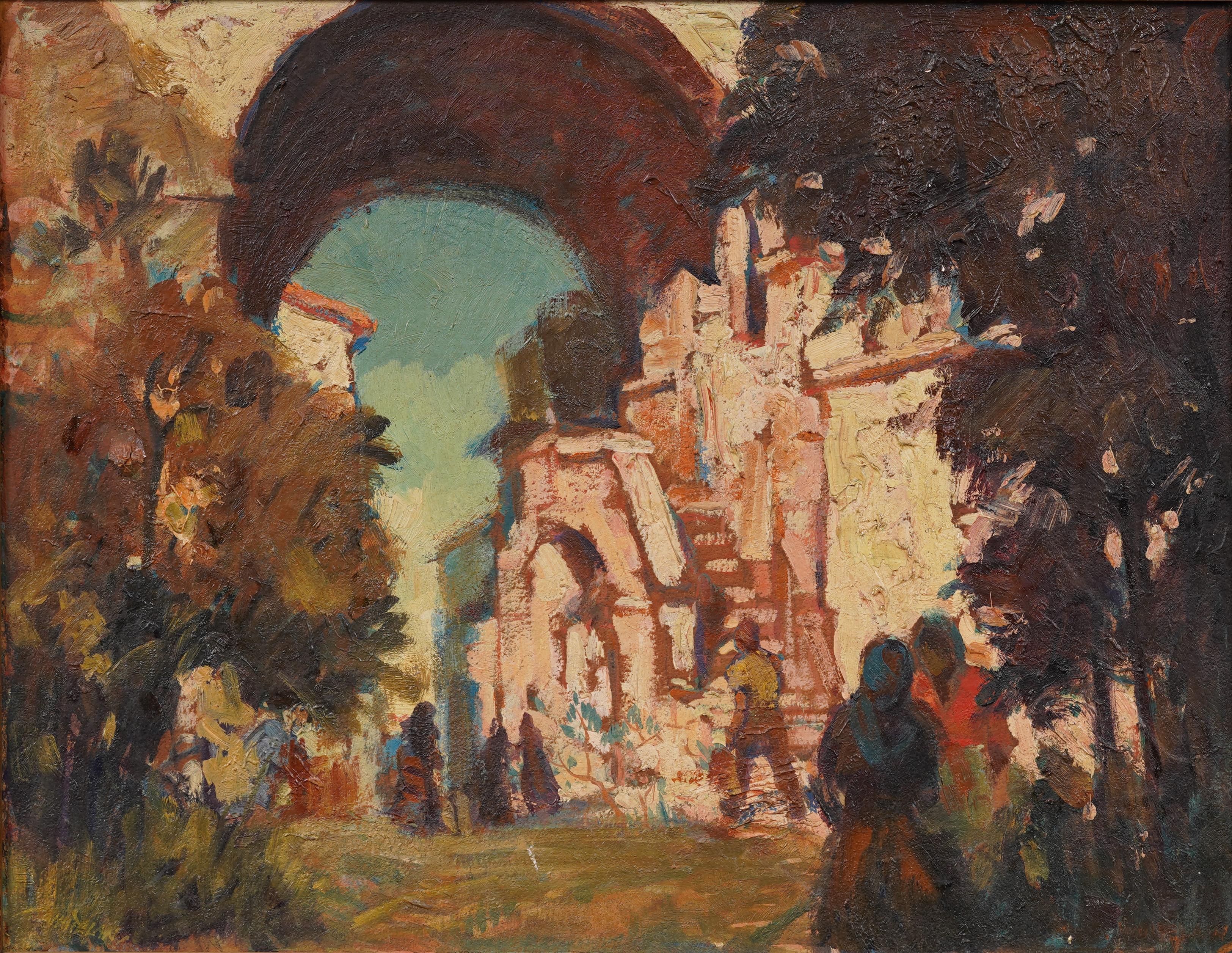 Antiguo cuadro al óleo impresionista europeo enmarcado Paisaje de pueblo antiguo - Painting Impresionista de Unknown
