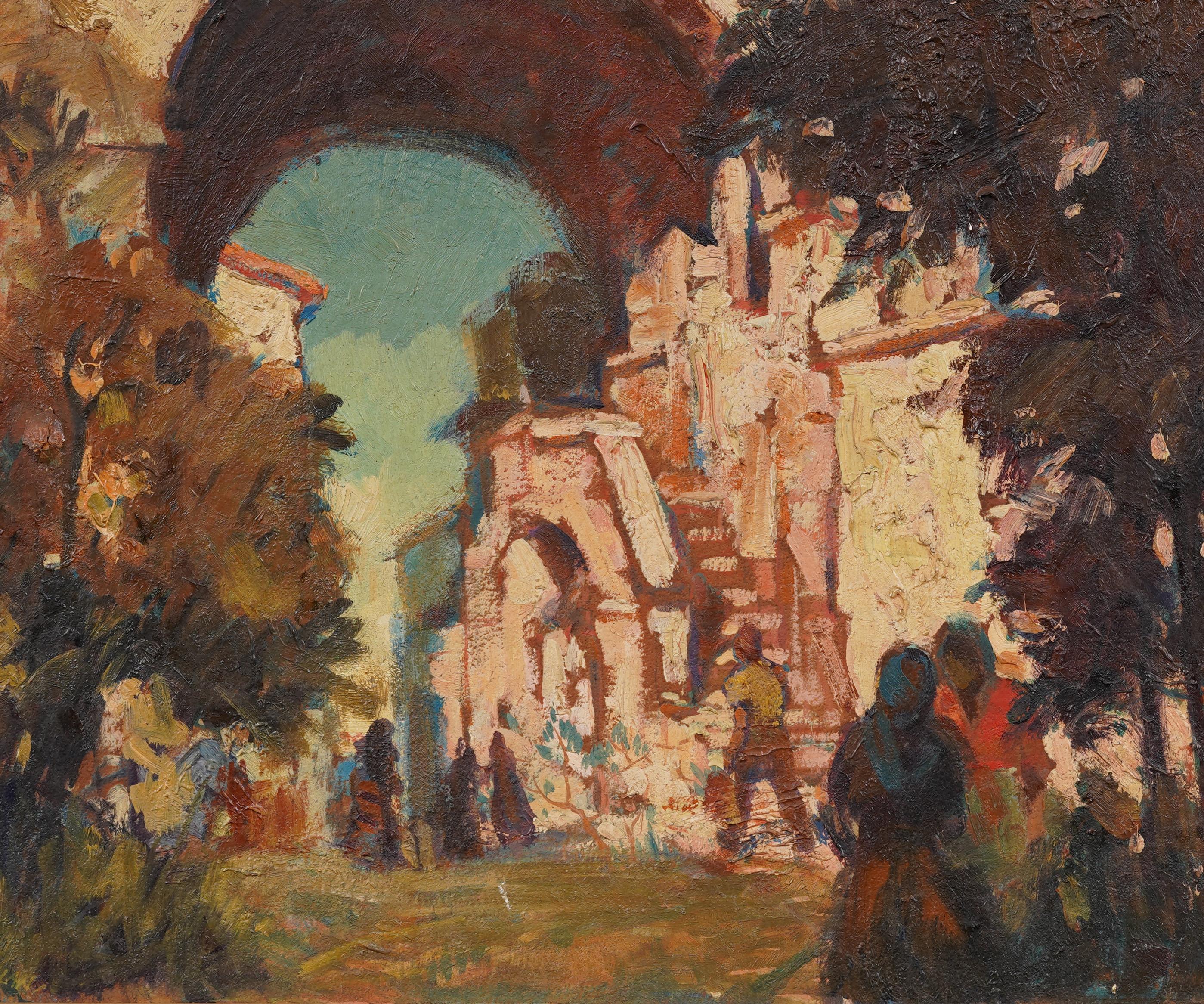 Antiguo cuadro al óleo impresionista europeo enmarcado Paisaje de pueblo antiguo - Abstract Painting Marrón de Unknown