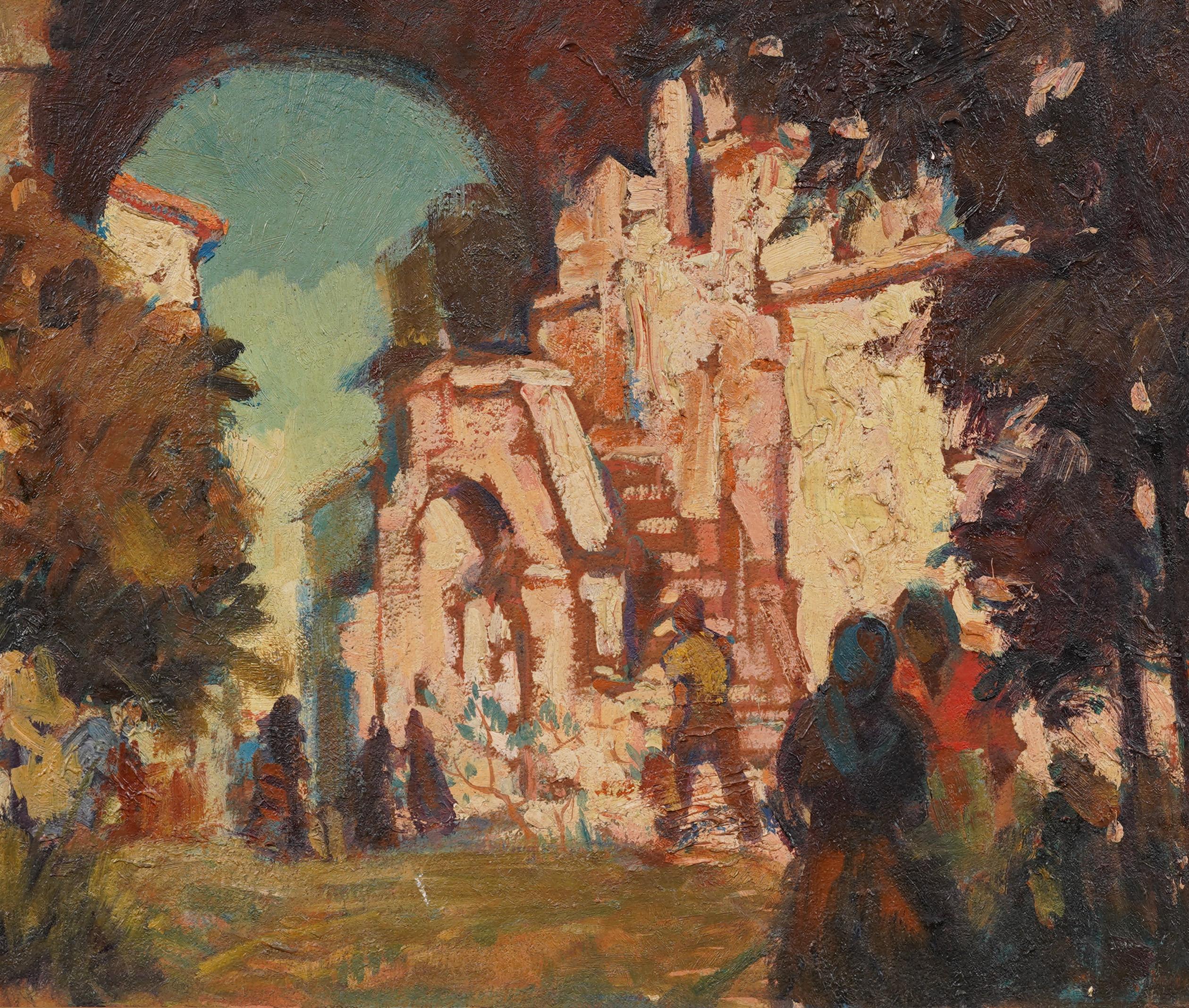 Antiguo cuadro al óleo impresionista europeo enmarcado Paisaje de pueblo antiguo 4