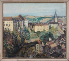 Antique European Impressionist Framed Cityscape Signed Panoramic Oil Painting