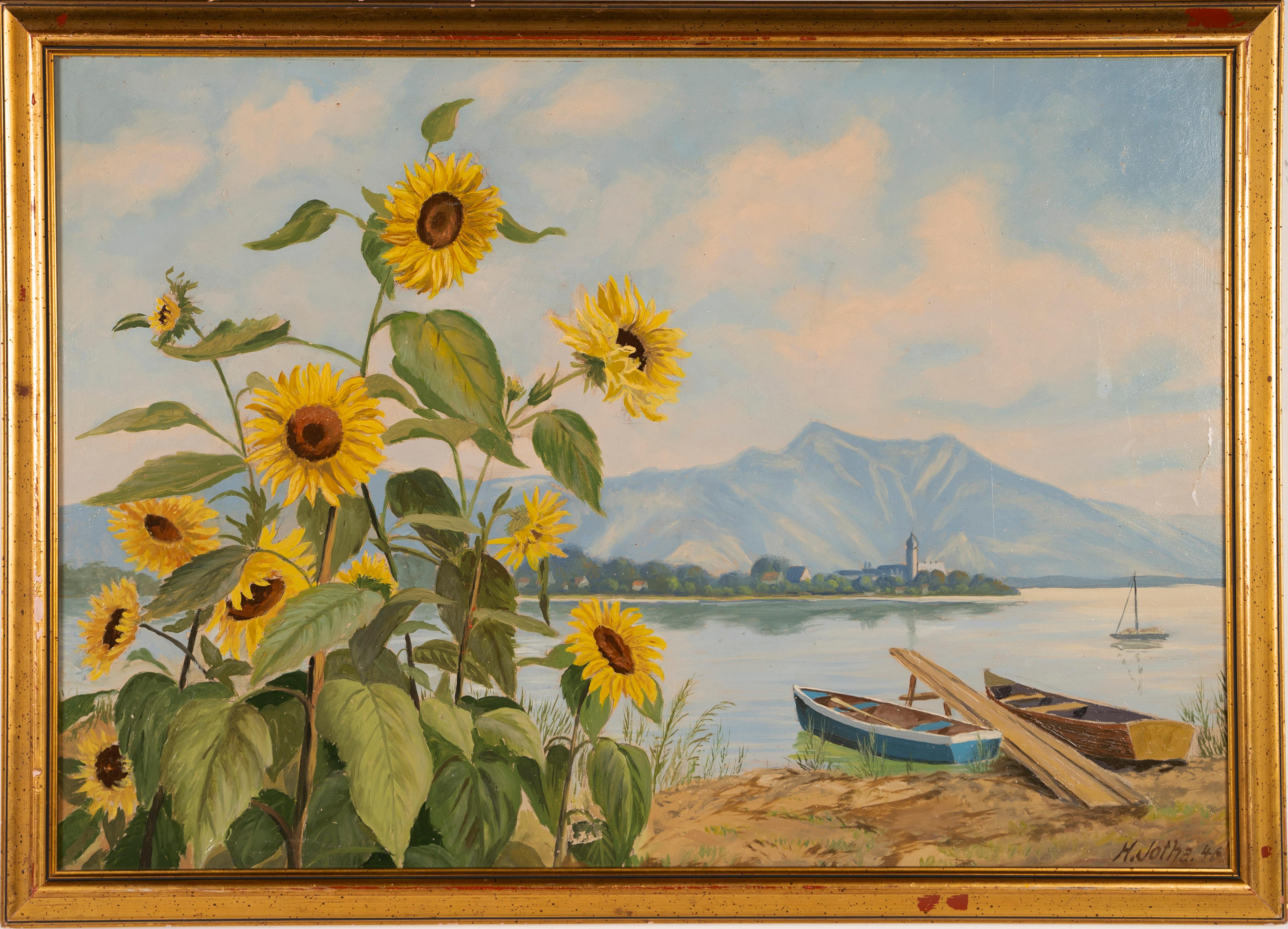 Antique European Impressionist Landscape Summer Lake Sunflower Oil Painting - Brown Still-Life Painting by Unknown