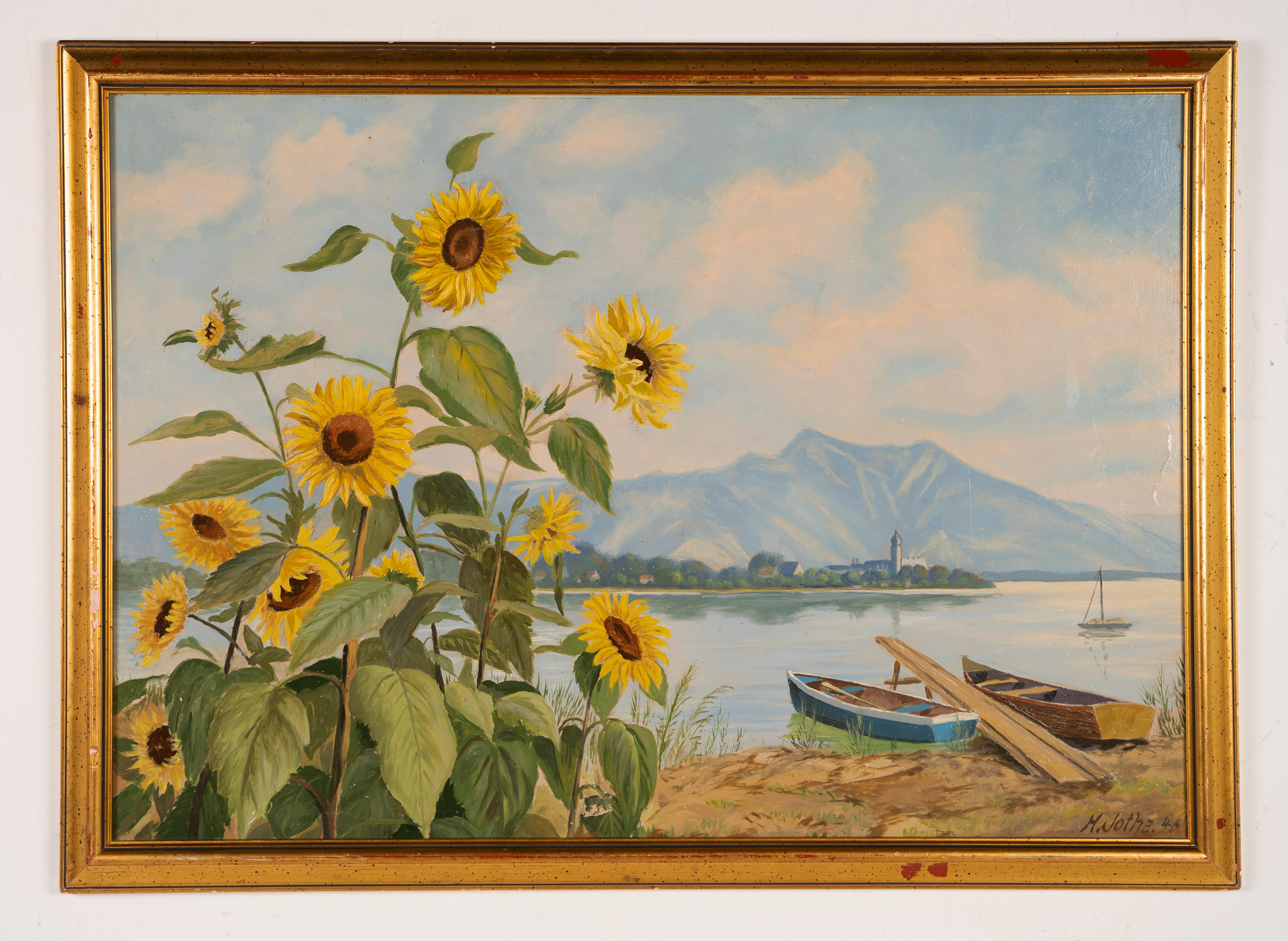 Antique European impressionist summer lake landscape oil painting.  Oil on board, circa 1946.  Signed.  Framed.  Image size, 34