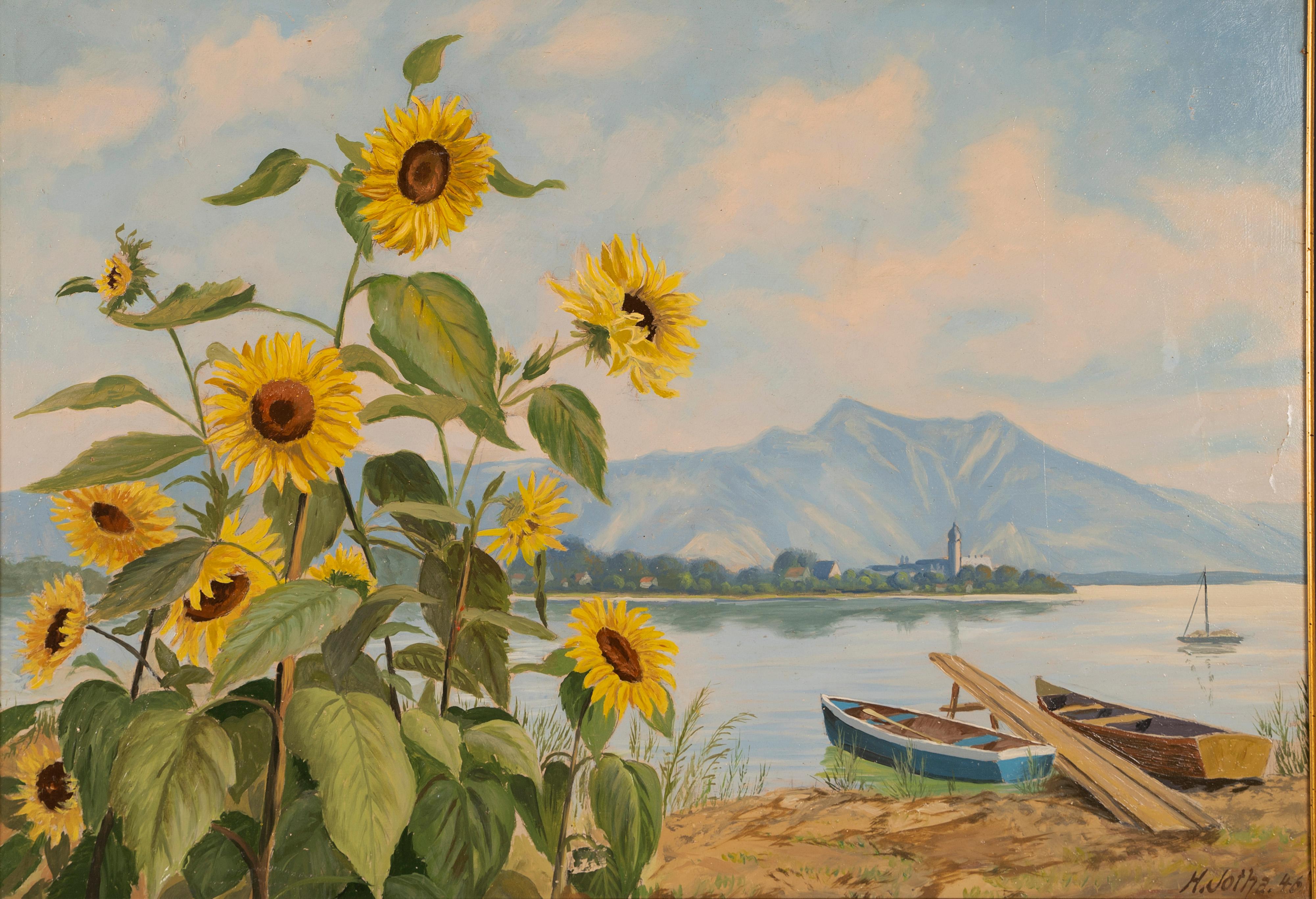 Antique European Impressionist Landscape Summer Lake Sunflower Oil Painting 1