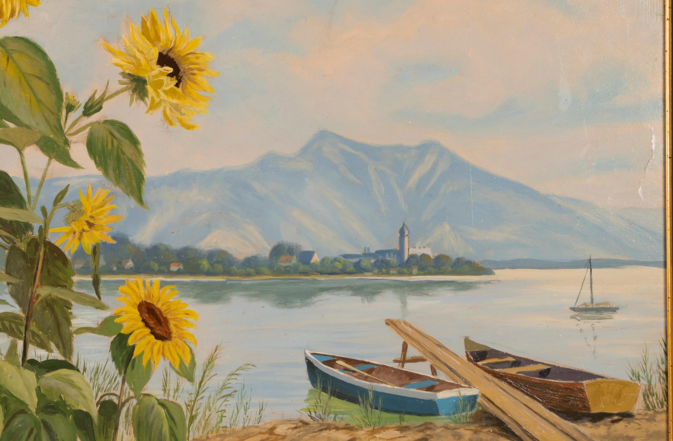 Antique European Impressionist Landscape Summer Lake Sunflower Oil Painting 2