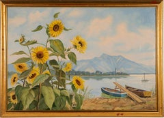 Antique European Impressionist Landscape Summer Lake Sunflower Oil Painting