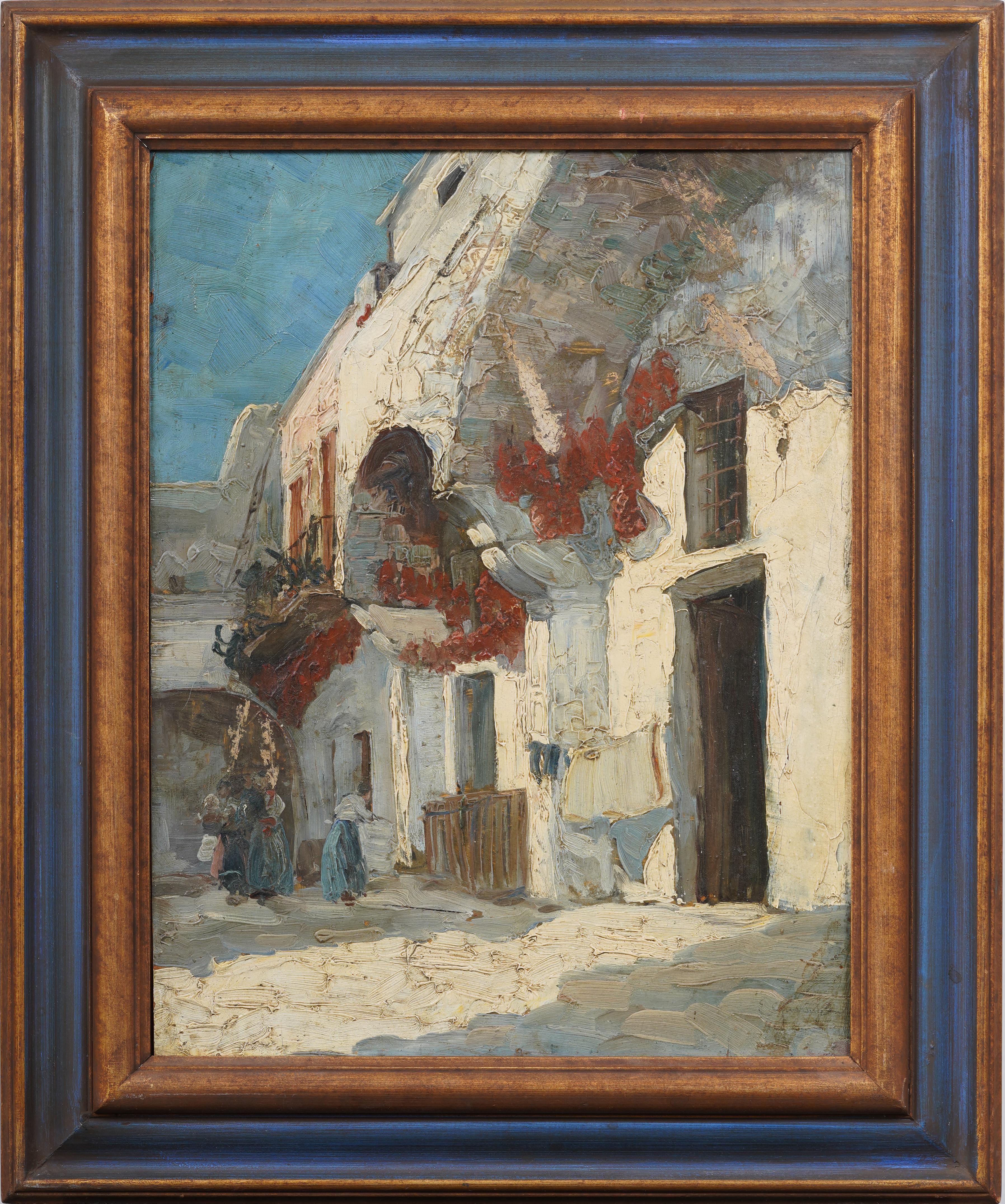 Antique European Impressionist Mediterranean Street Scene Framed Oil Painting - Gray Landscape Painting by Unknown
