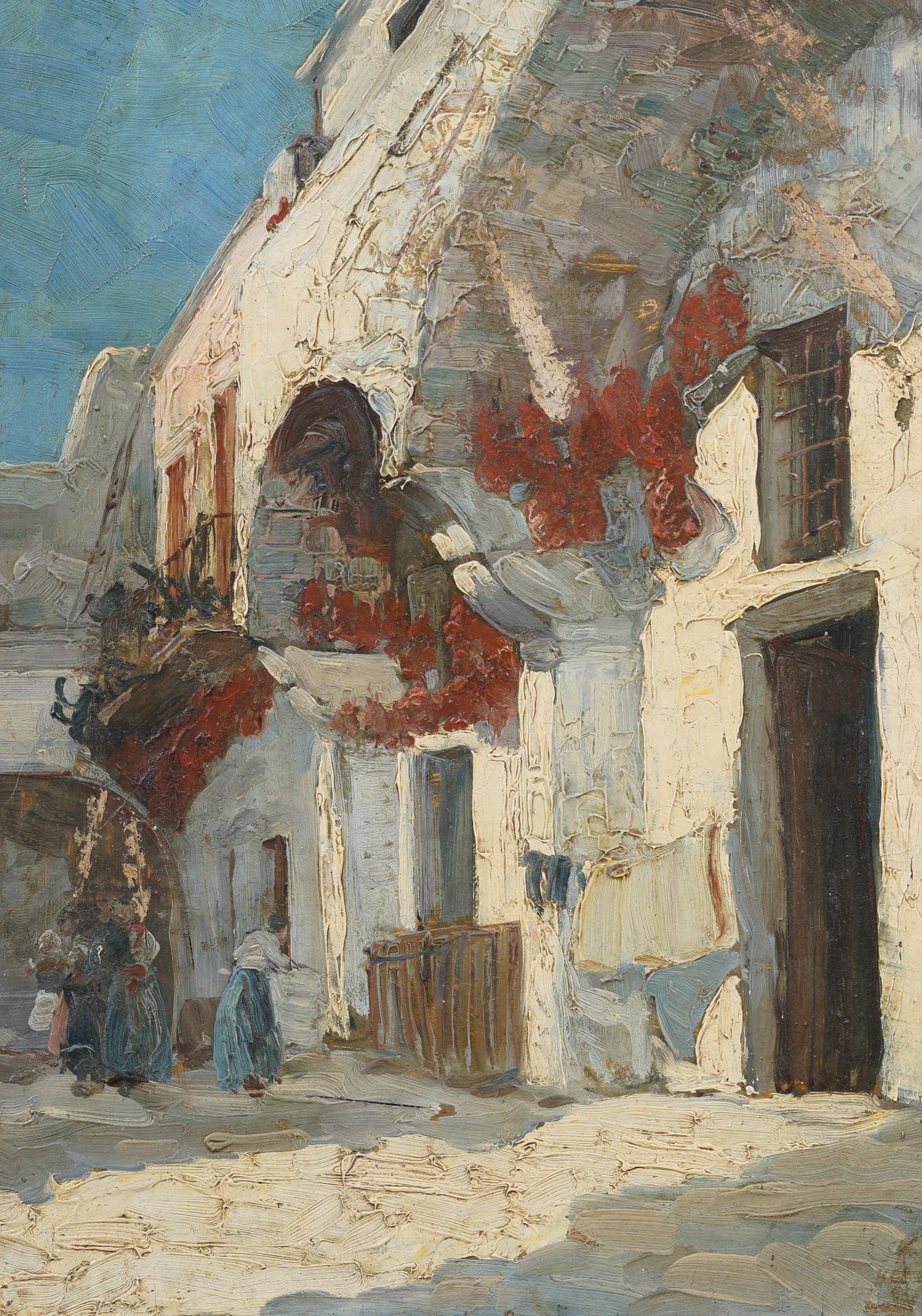 Antique European Impressionist Mediterranean Street Scene Framed Oil Painting 1