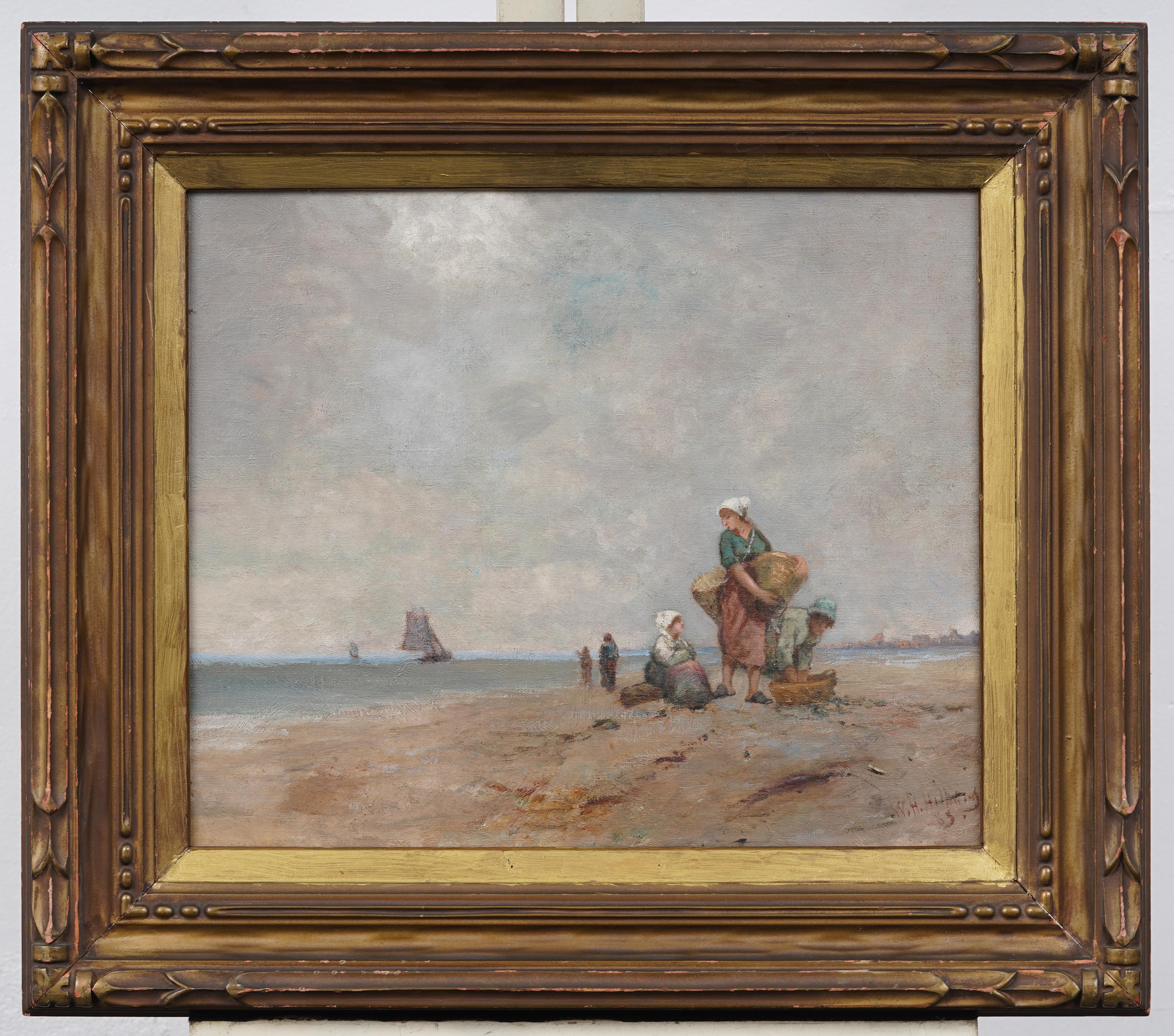 Antico dipinto a olio su spiaggia firmato dall'impressionista europeo e ben incorniciato - Painting di Unknown