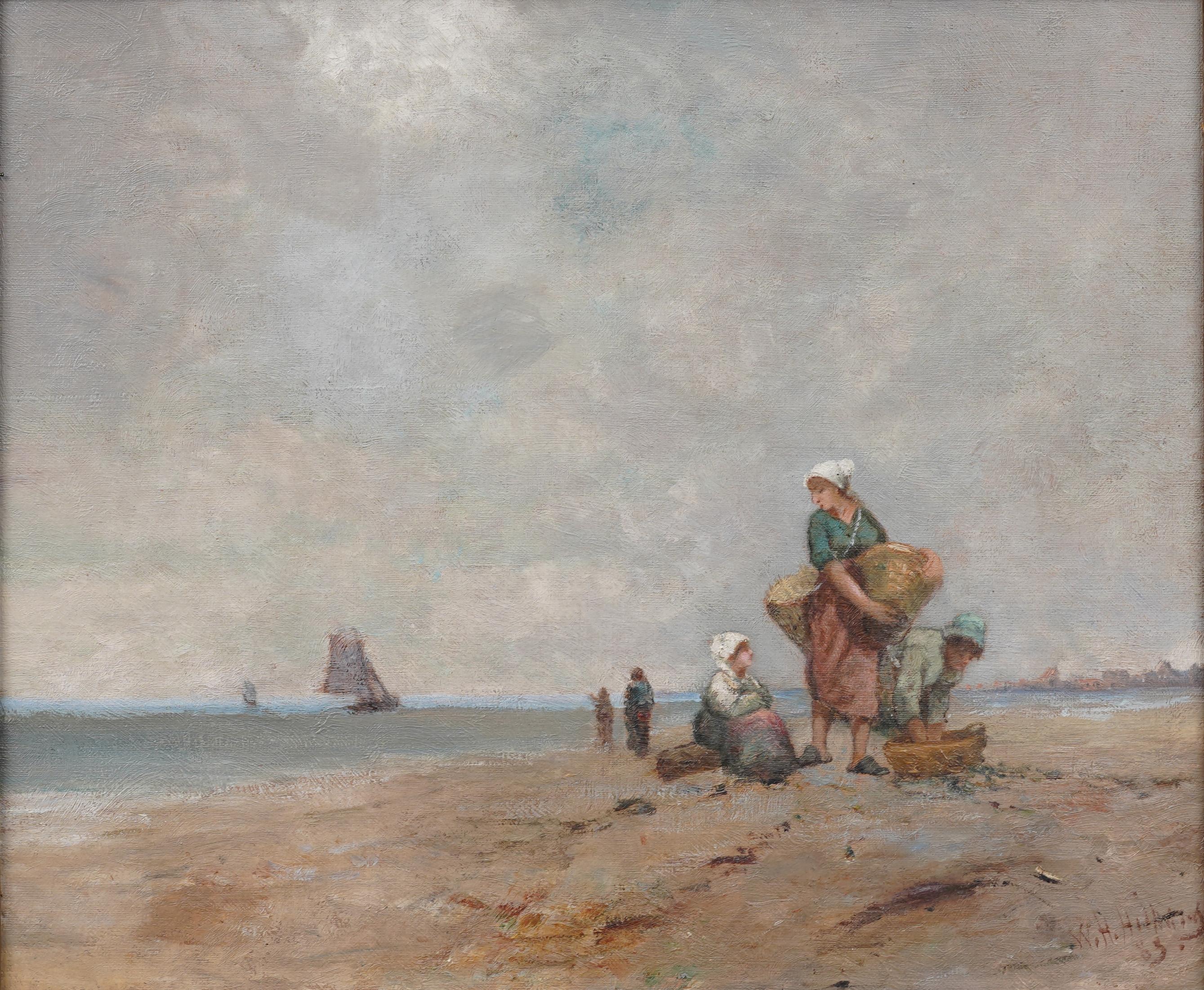 Antico dipinto a olio su spiaggia firmato dall'impressionista europeo e ben incorniciato - Landscape Painting Marrone di Unknown